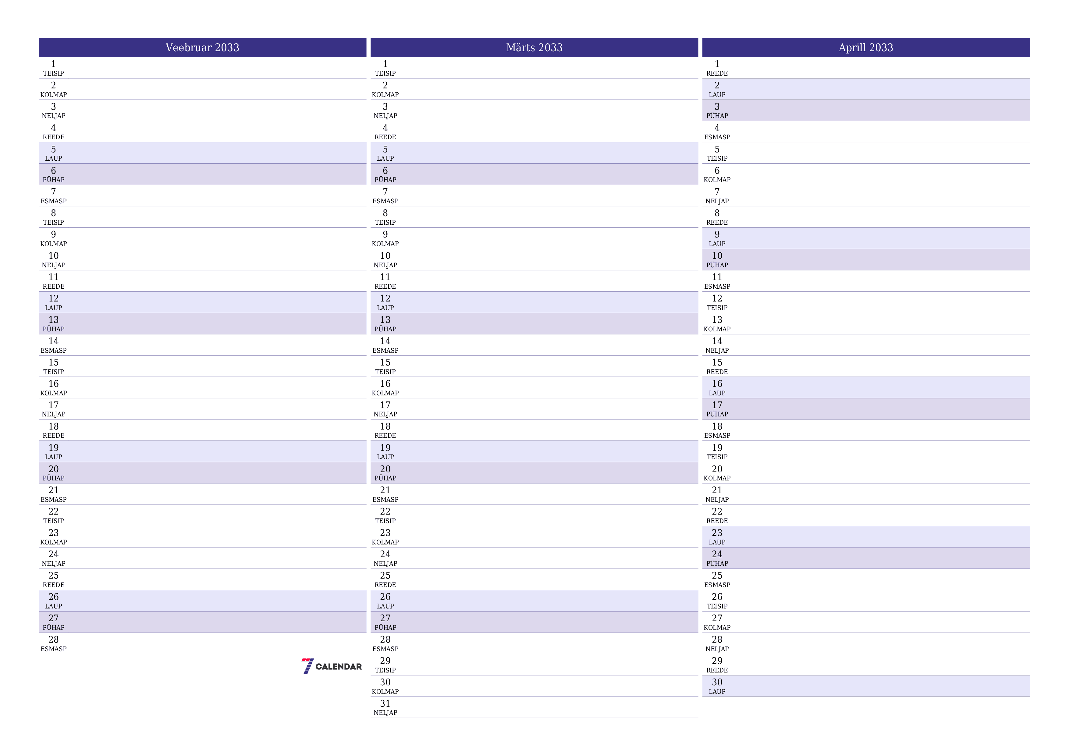 Tühjendage kuu Veebruar 2033 kuuplaneerija märkmetega, salvestage ja printige PDF-i PNG Estonian