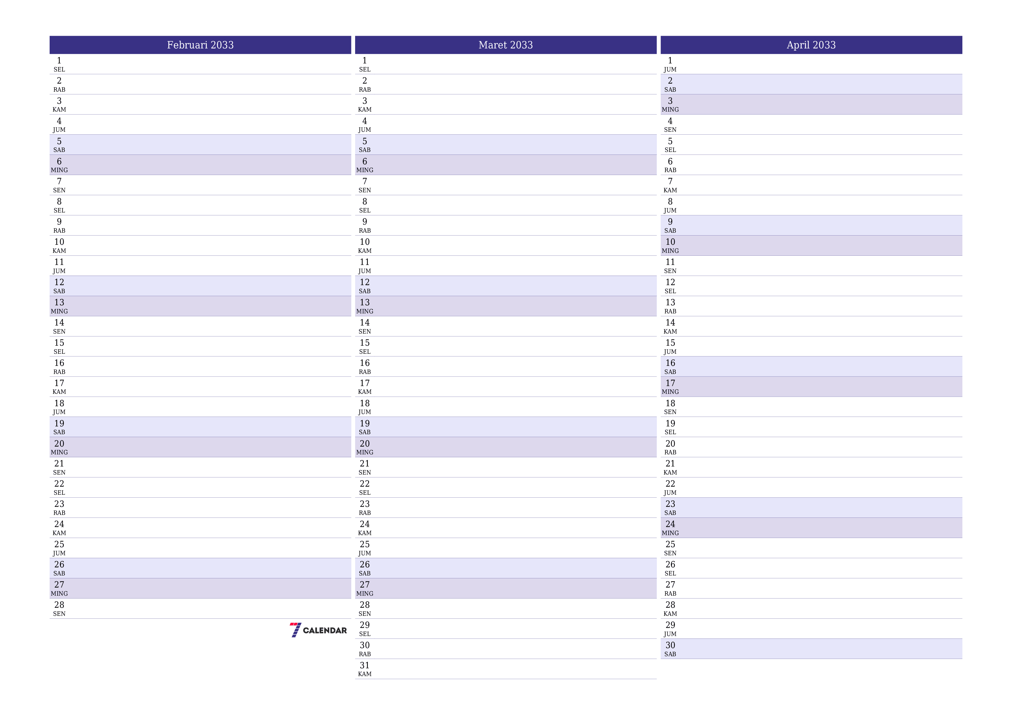 Kosongkan agenda bulanan untuk bulan Februari 2033 dengan catatan, simpan dan cetak ke PDF PNG Indonesian