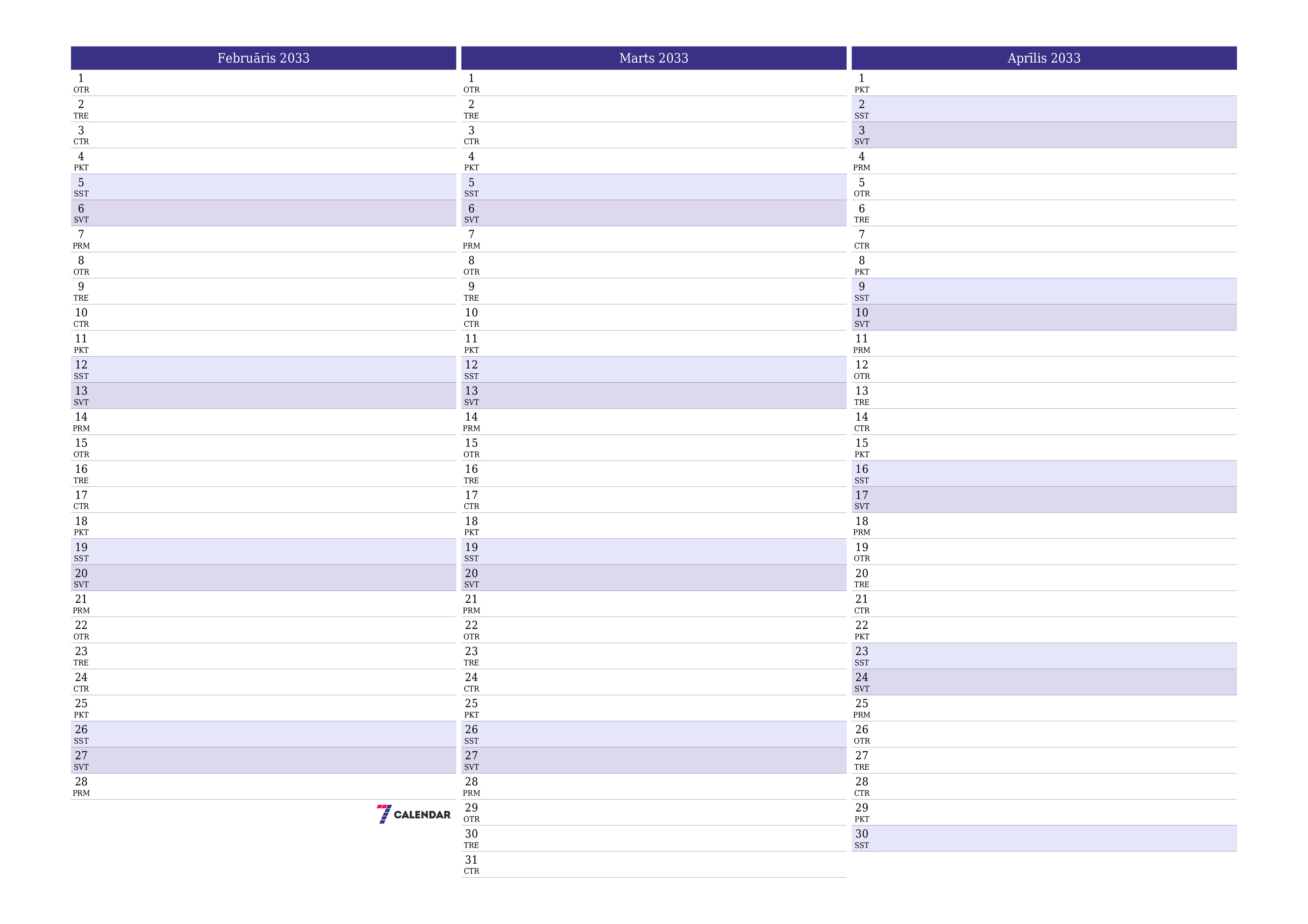 Iztukšot mēneša plānotāju mēnesim Februāris 2033 ar piezīmēm, saglabāt un izdrukāt PDF formātā PNG Latvian