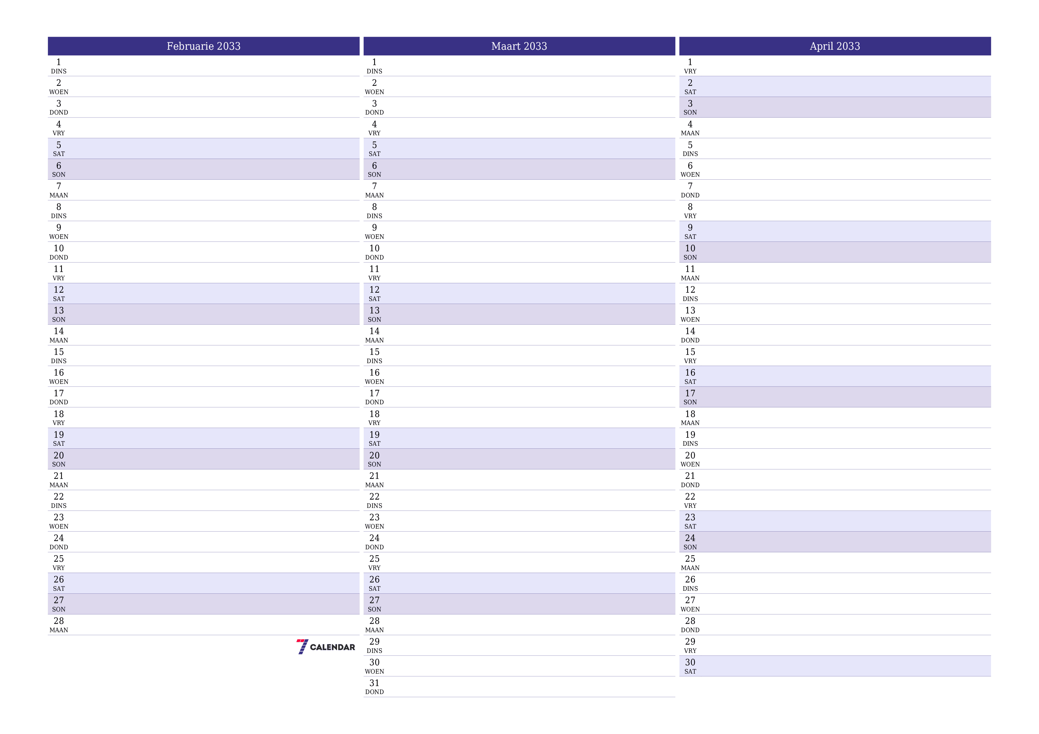 Leë maandelikse drukbare kalender en beplanner vir maand Februarie 2033 met notas stoor en druk na PDF PNG Afrikaans