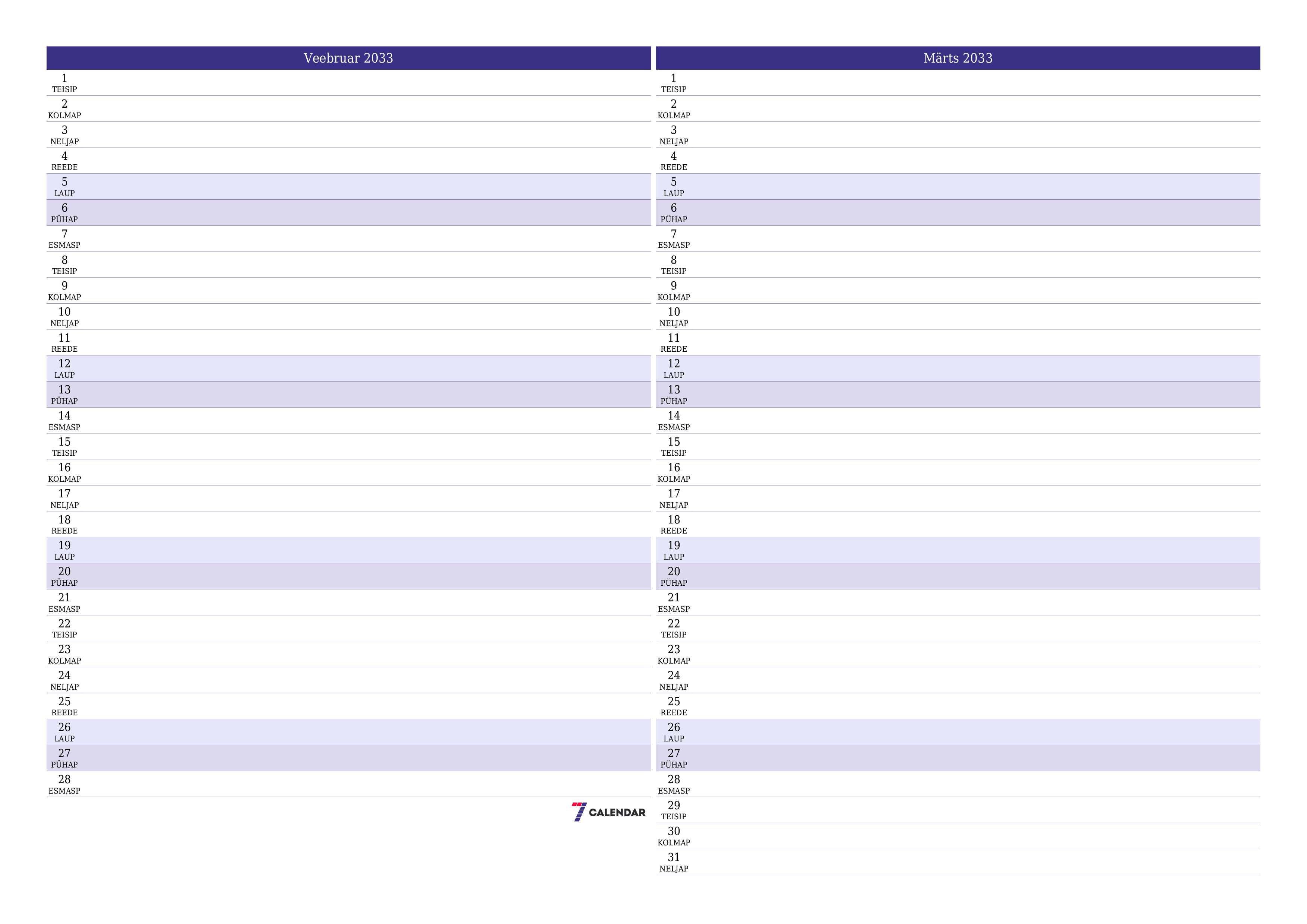 Tühjendage kuu Veebruar 2033 kuuplaneerija märkmetega, salvestage ja printige PDF-i PNG Estonian