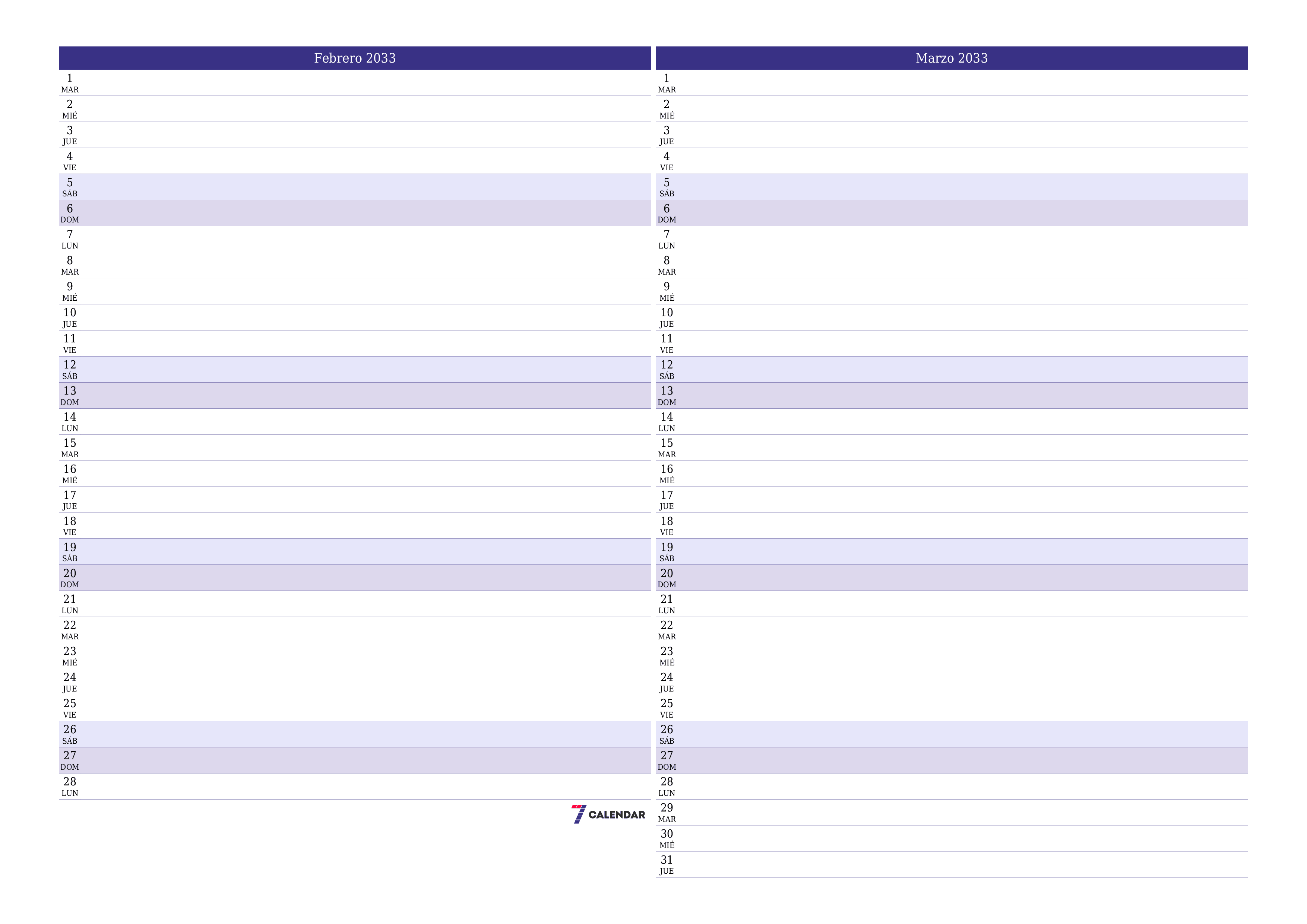 Planificador mensual vacío para el mes Febrero 2033 con notas, guardar e imprimir en PDF PNG Spanish