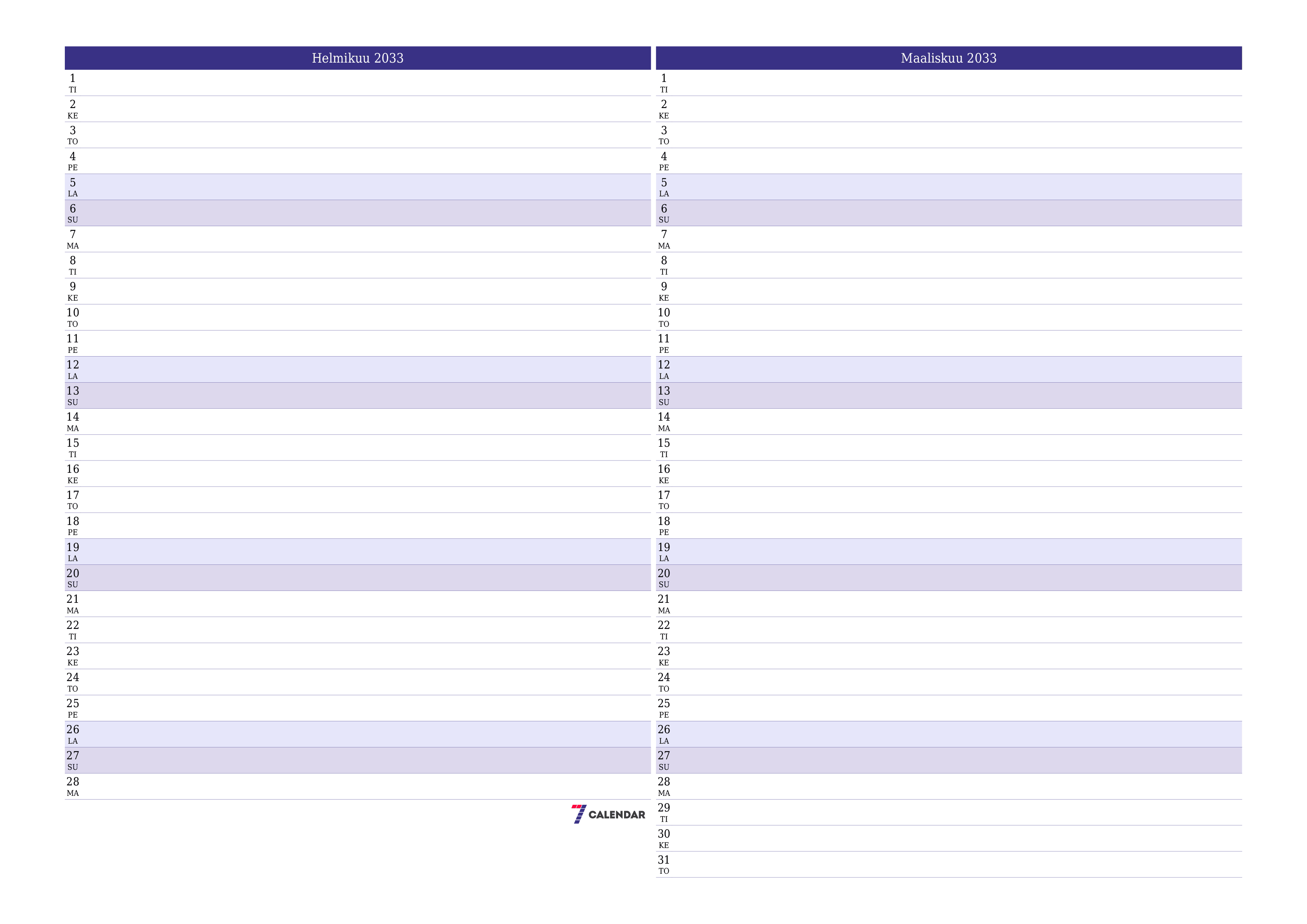 Tyhjennä kuukausittainen suunnittelija kuukaudelle Helmikuu 2033 muistiinpanoilla, tallenna ja tulosta PDF-muotoon PNG Finnish