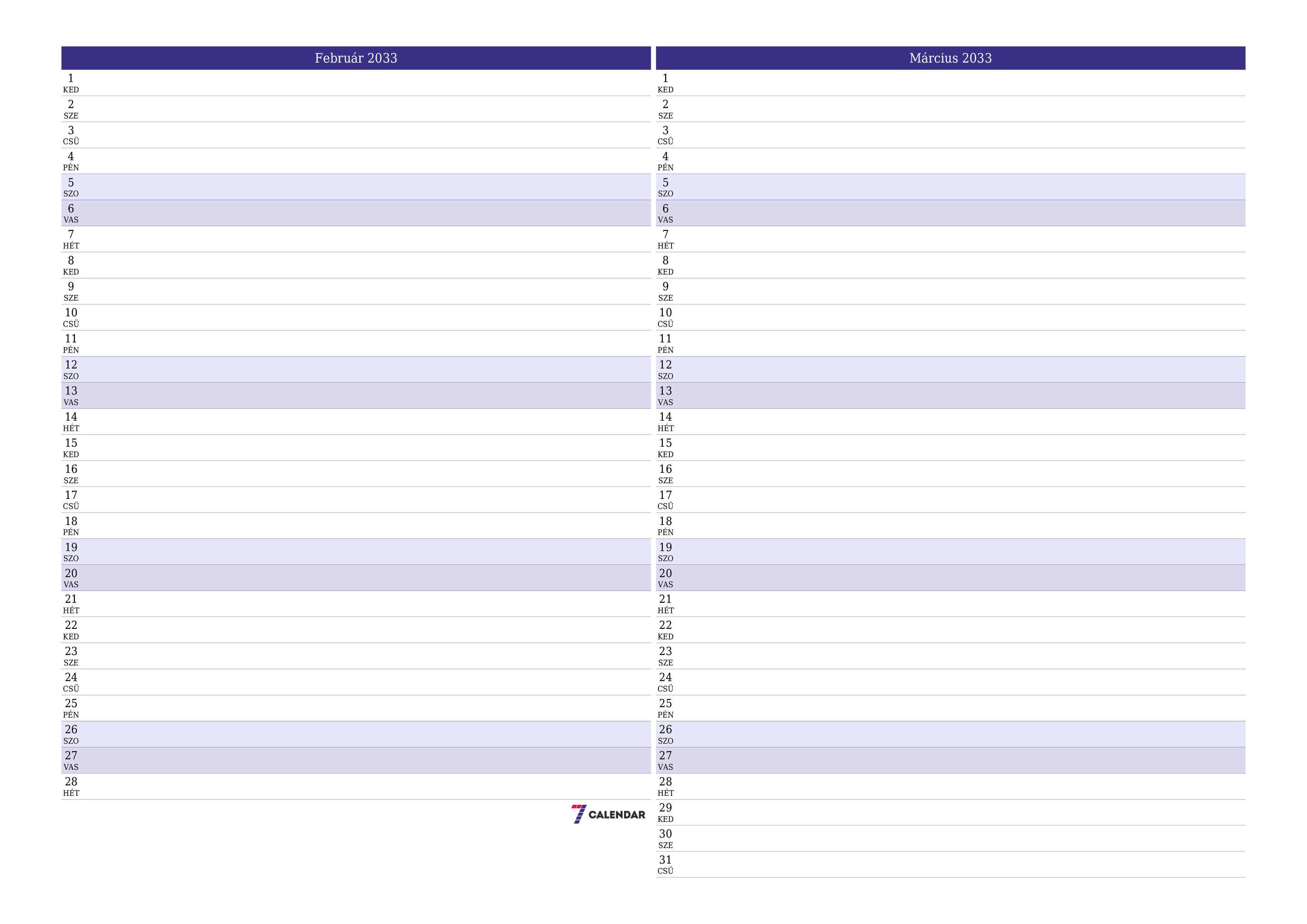 Üres havi tervező a Február 2033 hónapra jegyzetekkel, mentés és nyomtatás PDF-be PNG Hungarian