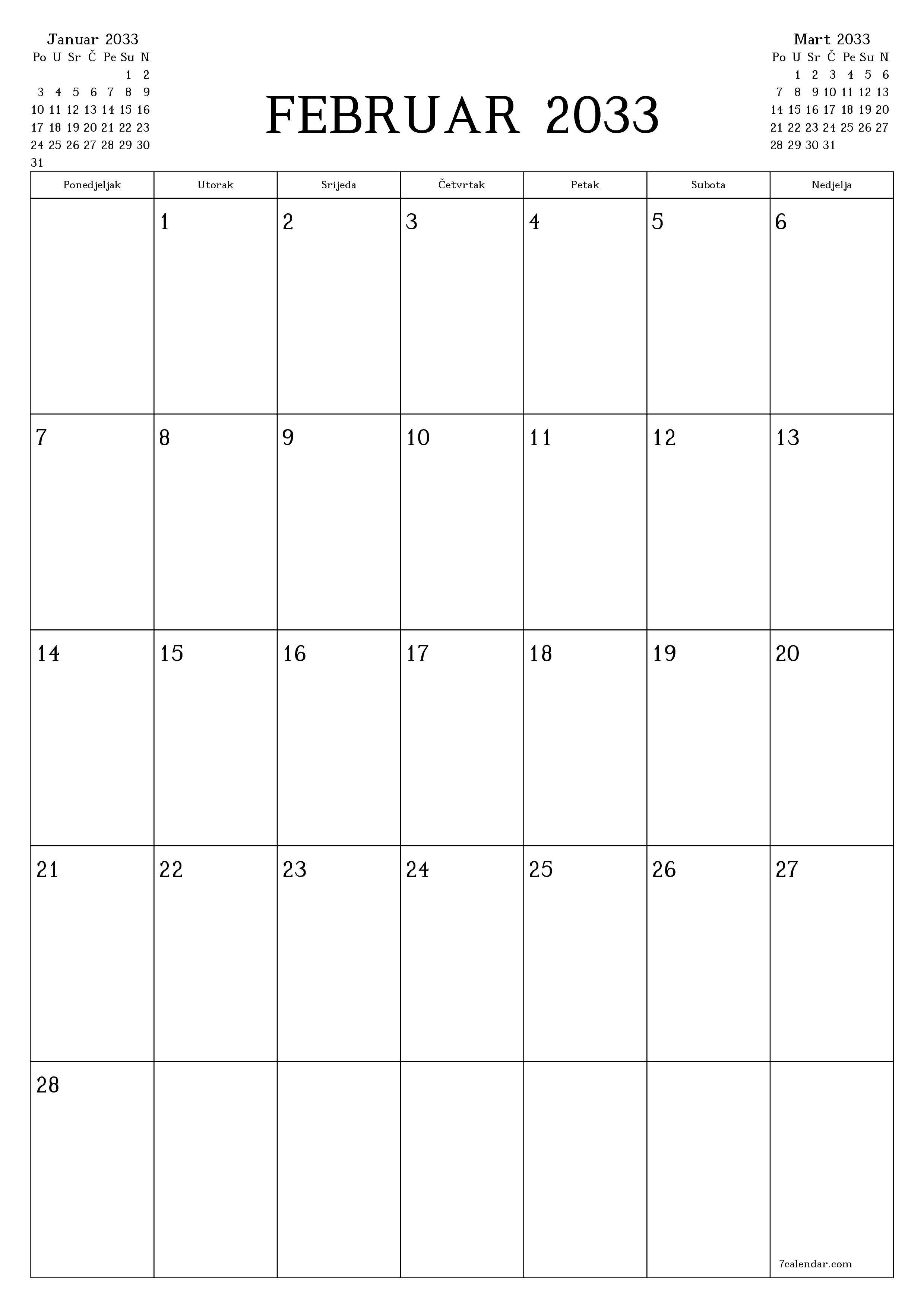  za štampanje zidni šablon a besplatni vertikalno Mjesečno planer kalendar Februar (Feb) 2033