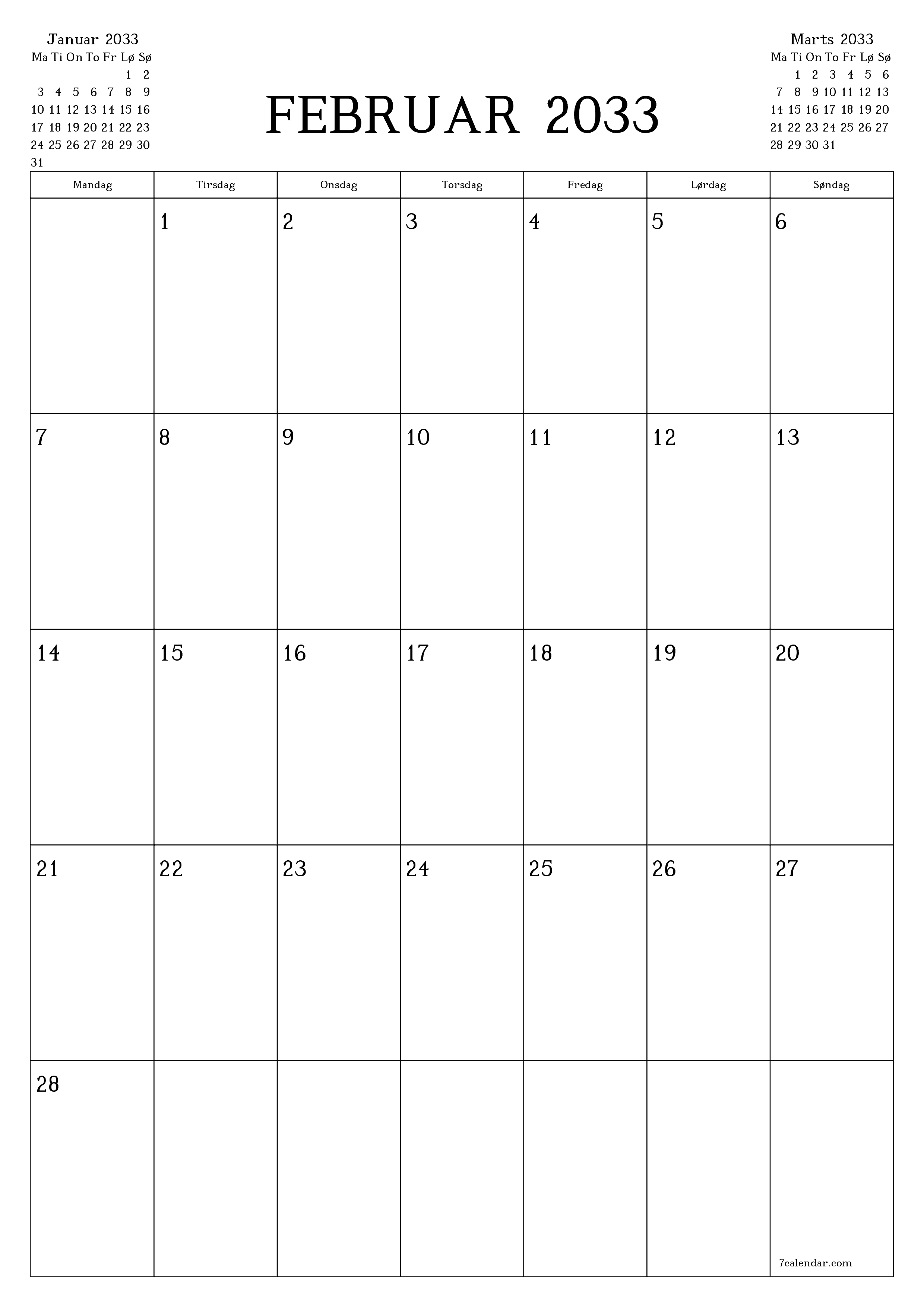 udskrivbar væg skabelon gratis lodret Månedlig planlægger kalender Februar (Feb) 2033