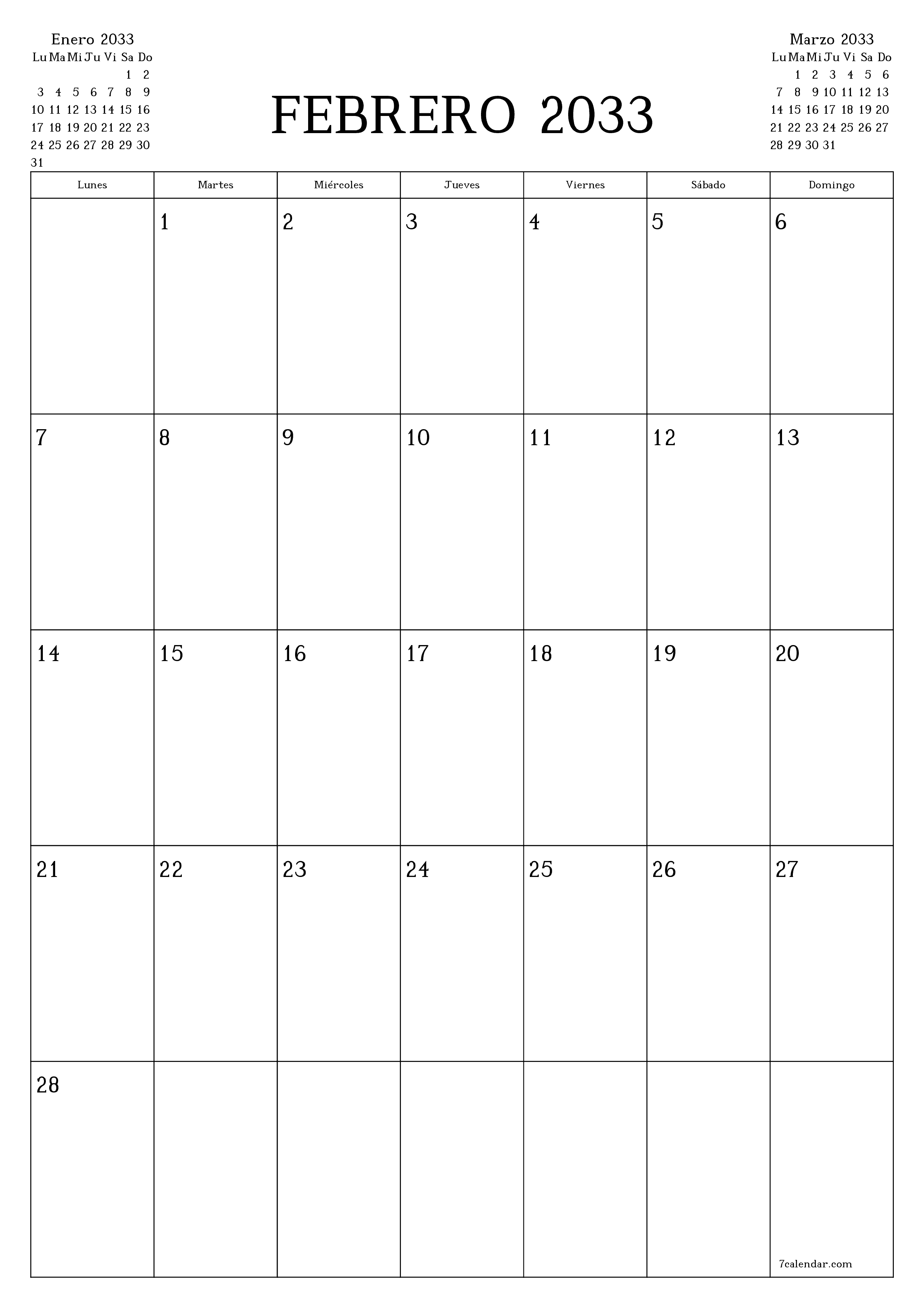  imprimible de pared plantilla de gratisvertical Mensual planificador calendario Febrero (Feb) 2033