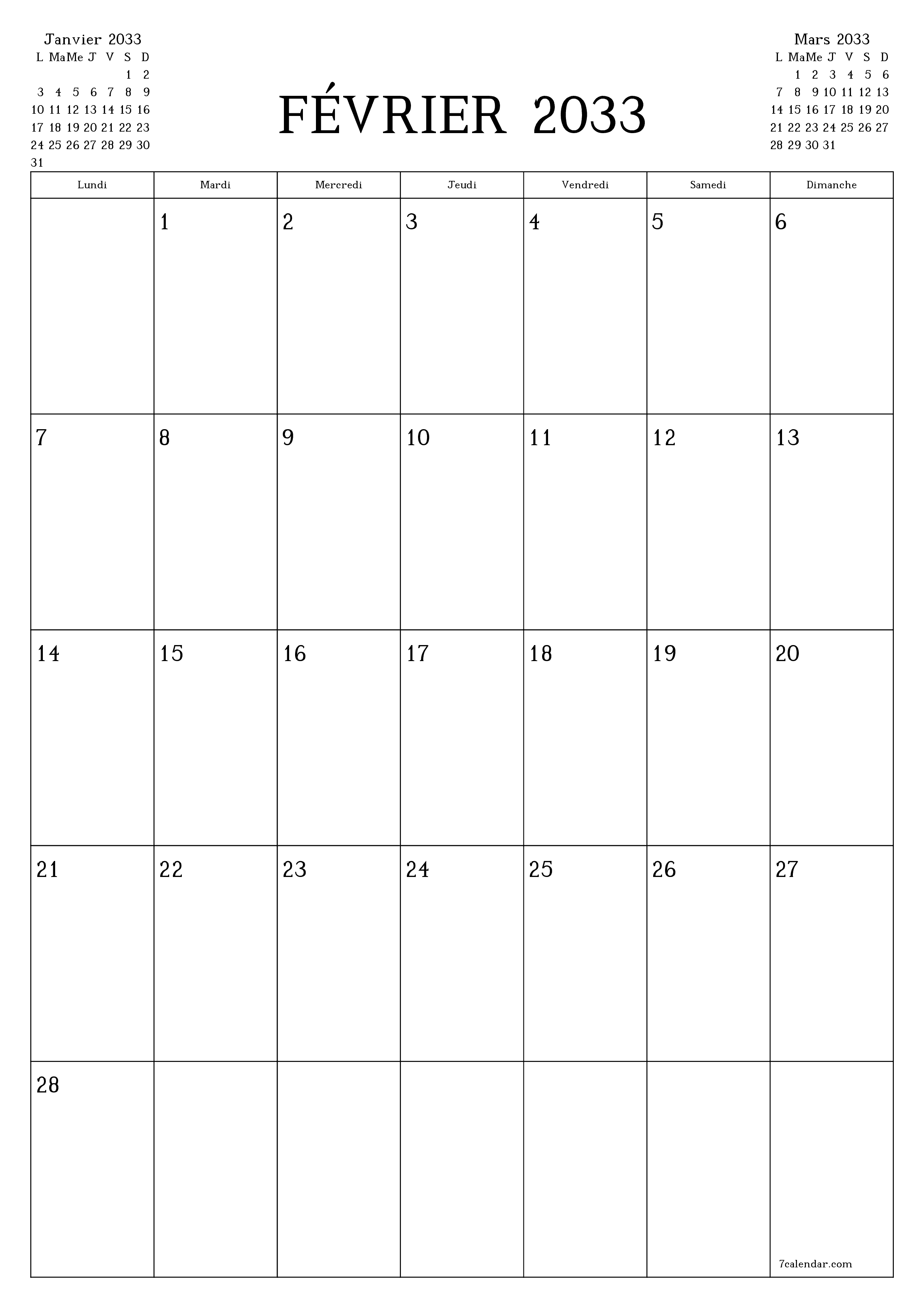 Agenda mensuel vide pour le mois Février 2033 avec notes, enregistrez et imprimez au format PDF PNG French