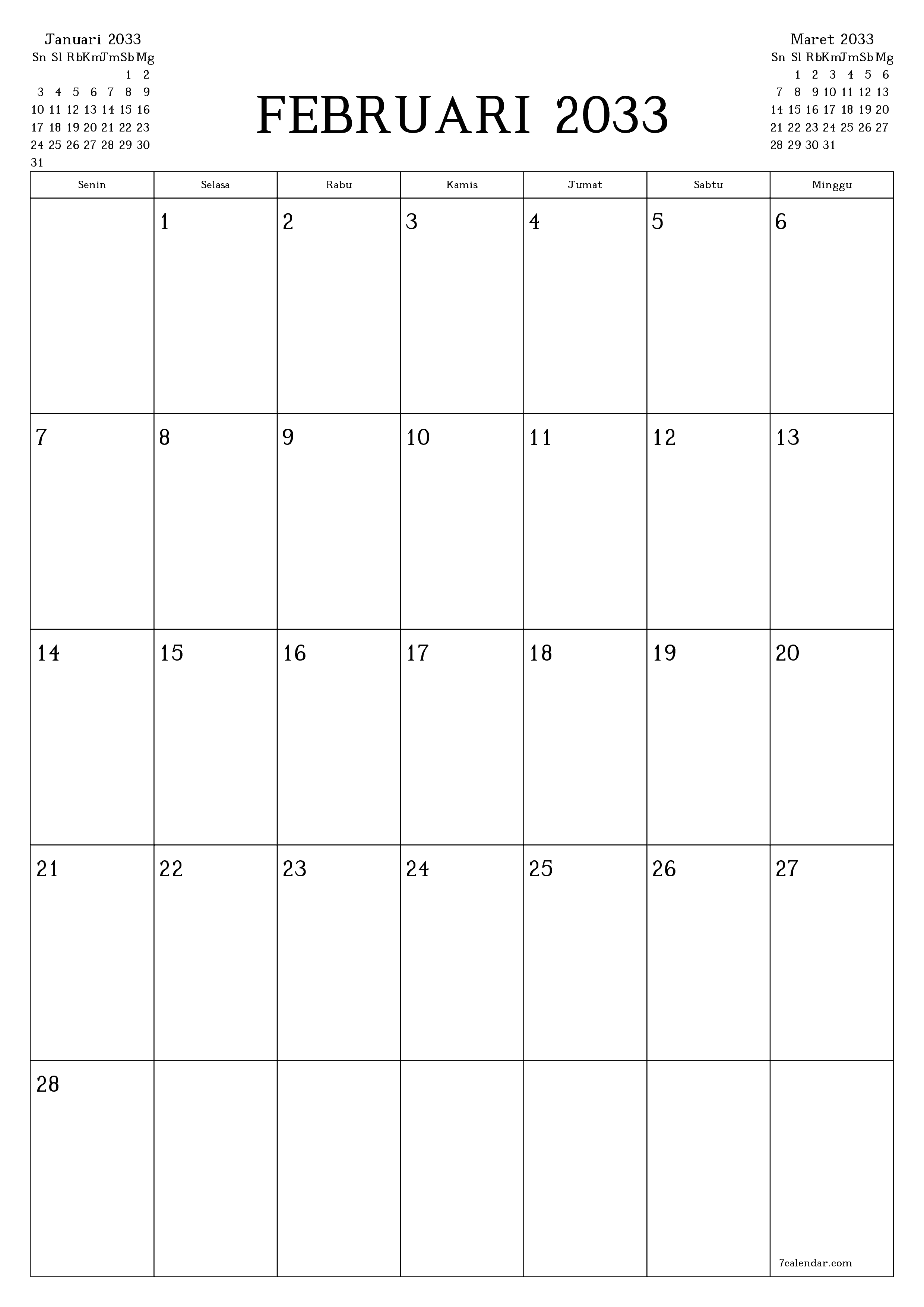  yang dapat dicetak dinding templat gratisvertikal Bulanan perencana kalender Februari (Feb) 2033