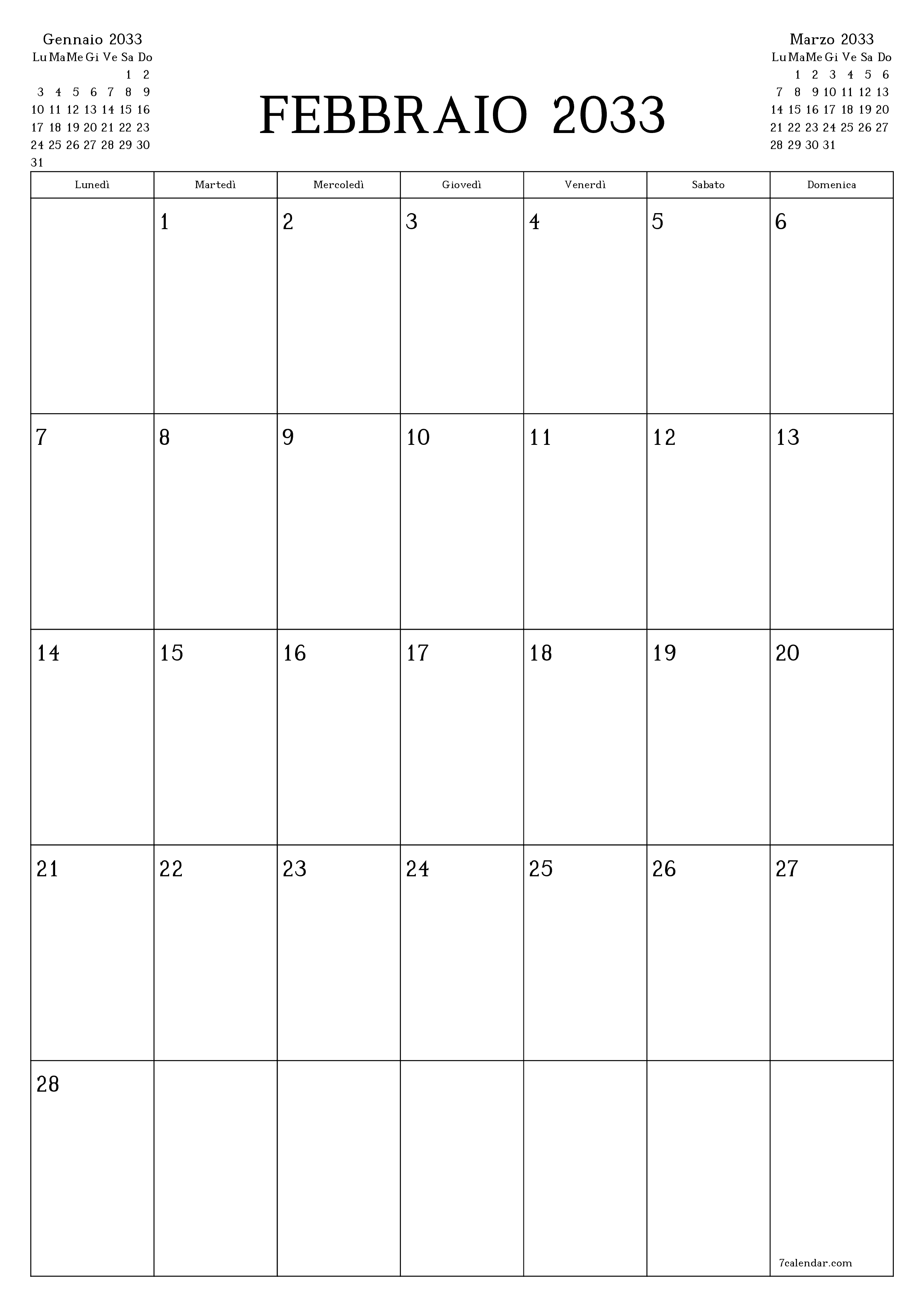  stampabile da parete modello di gratuitoverticale Mensile pianificatore calendario Febbraio (Feb) 2033