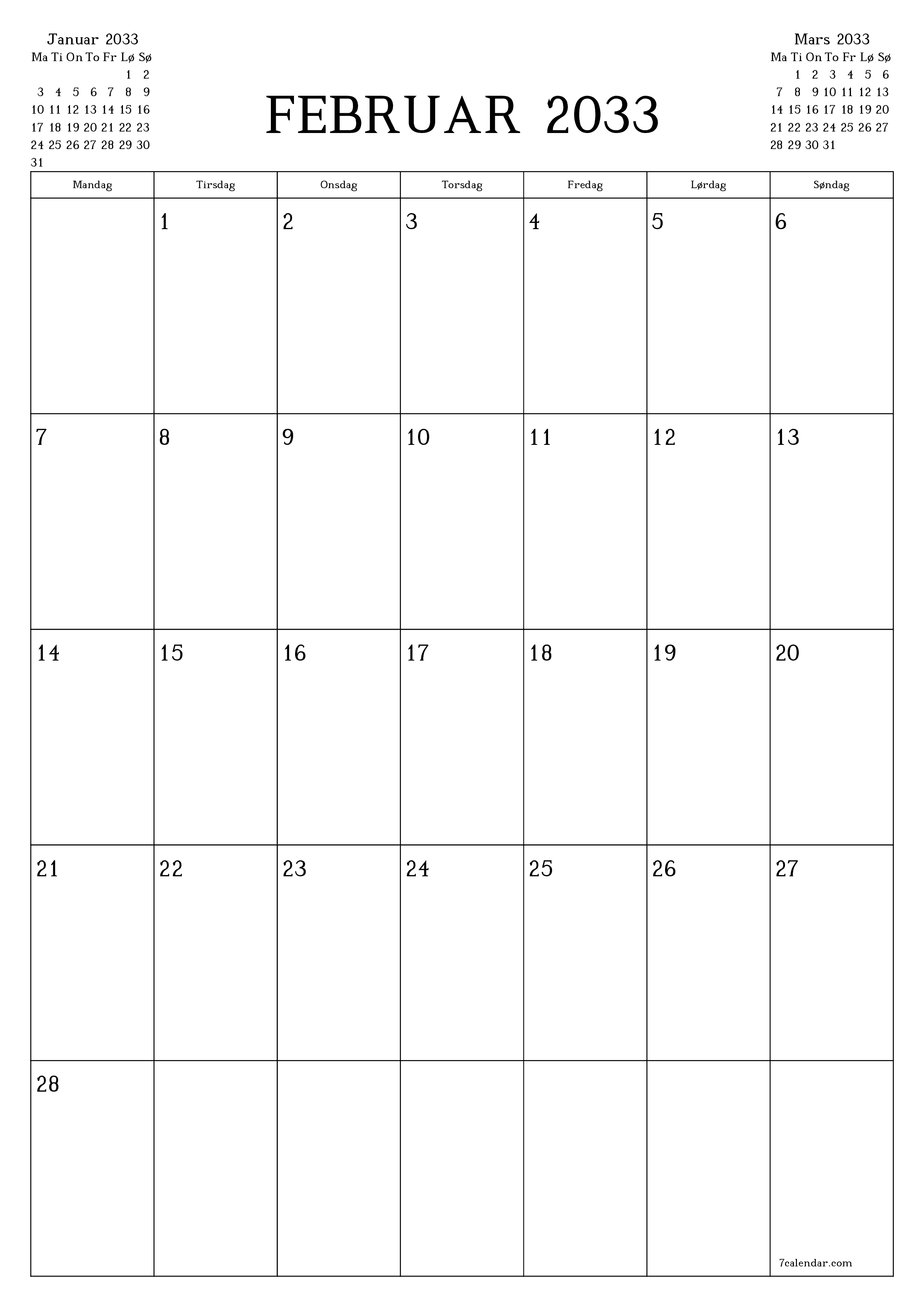 utskrivbar vegg mal gratis vertikal Månedlig planlegger kalender Februar (Feb) 2033