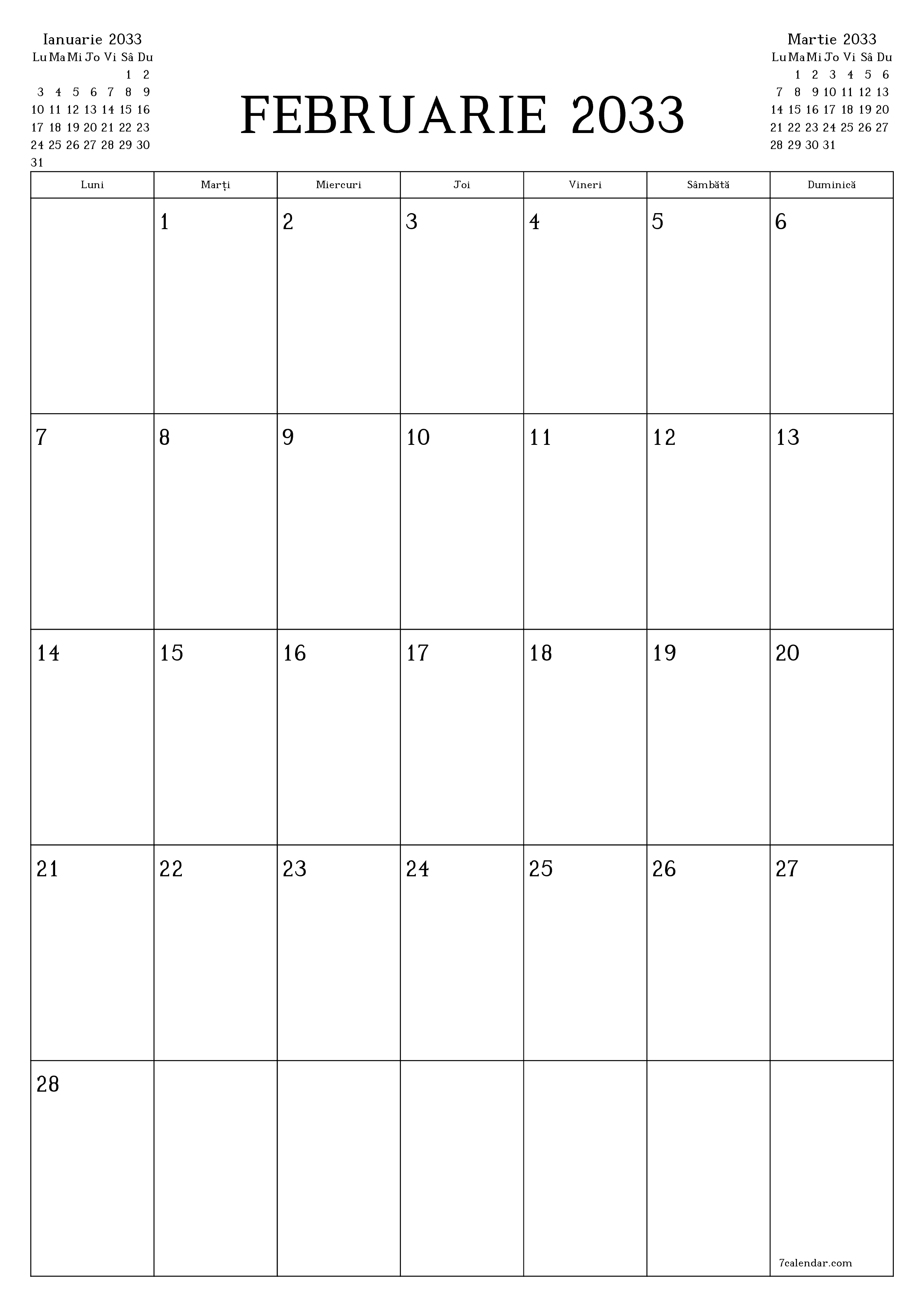  imprimabil de perete șablon de gratuitvertical Lunar planificator calendar Februarie (Feb) 2033