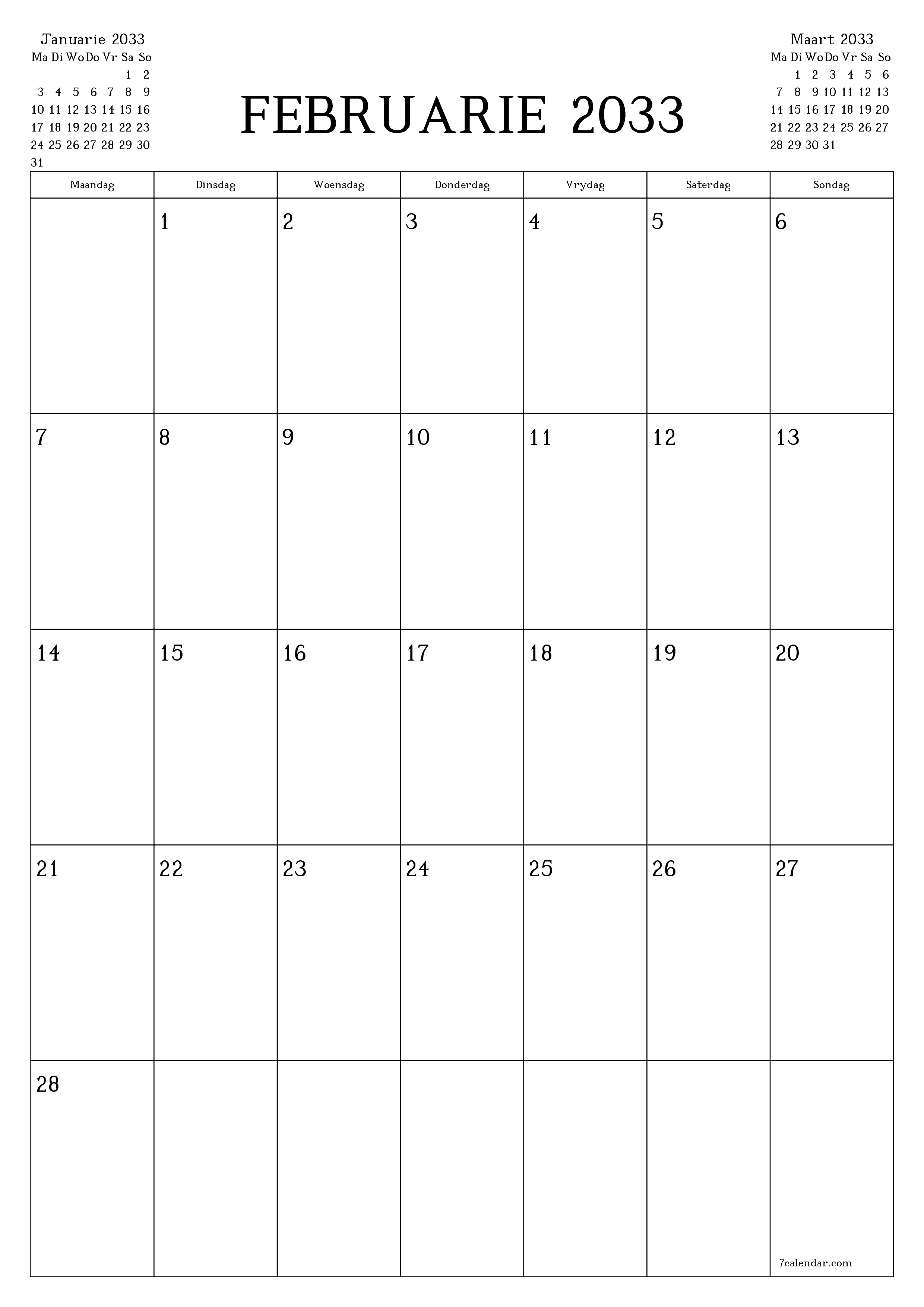 drukbare muur template gratis vertikaal Maandeliks beplanner kalender Februarie (Feb) 2033