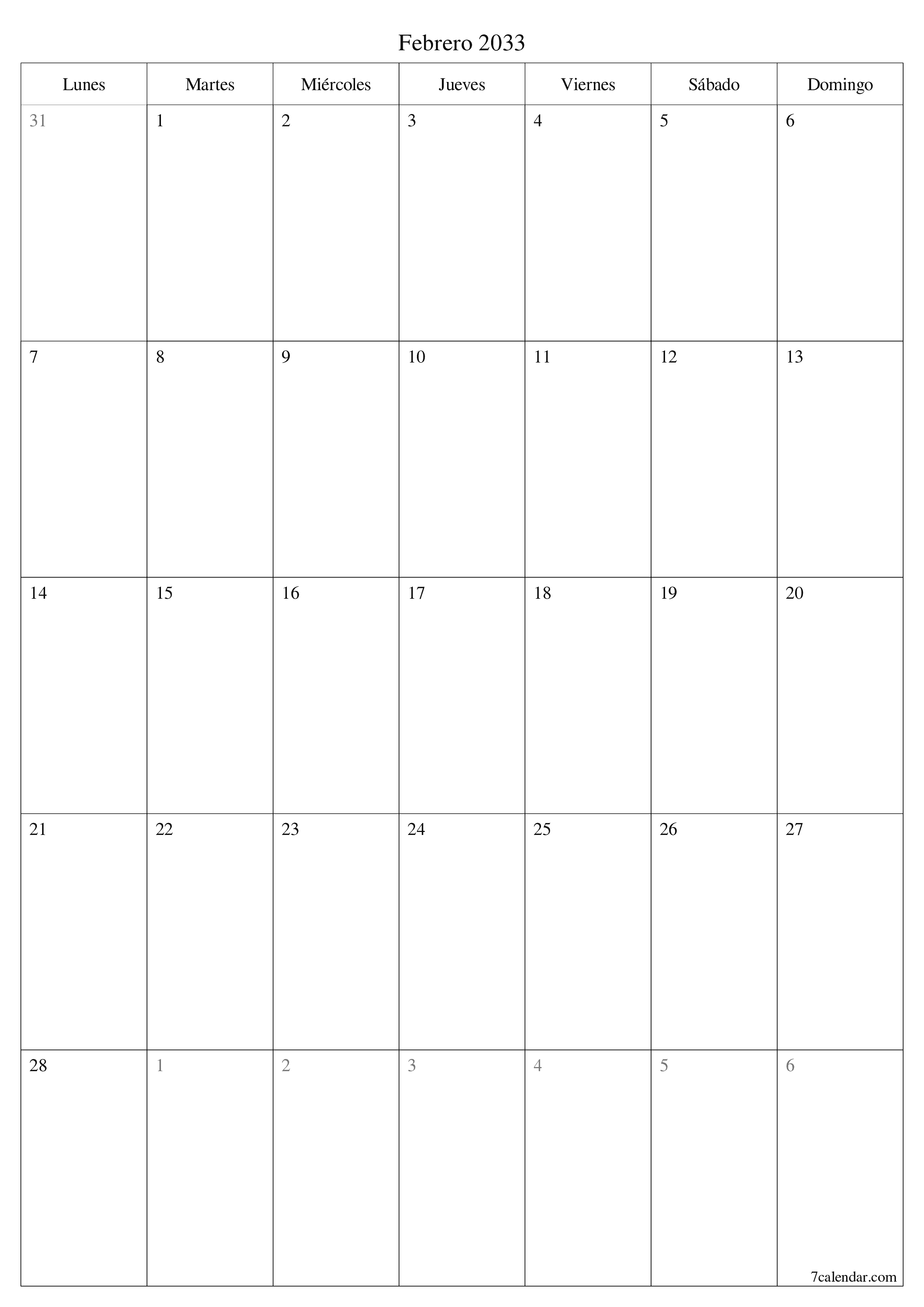  imprimible de pared plantilla de gratisvertical Mensual planificador calendario Febrero (Feb) 2033