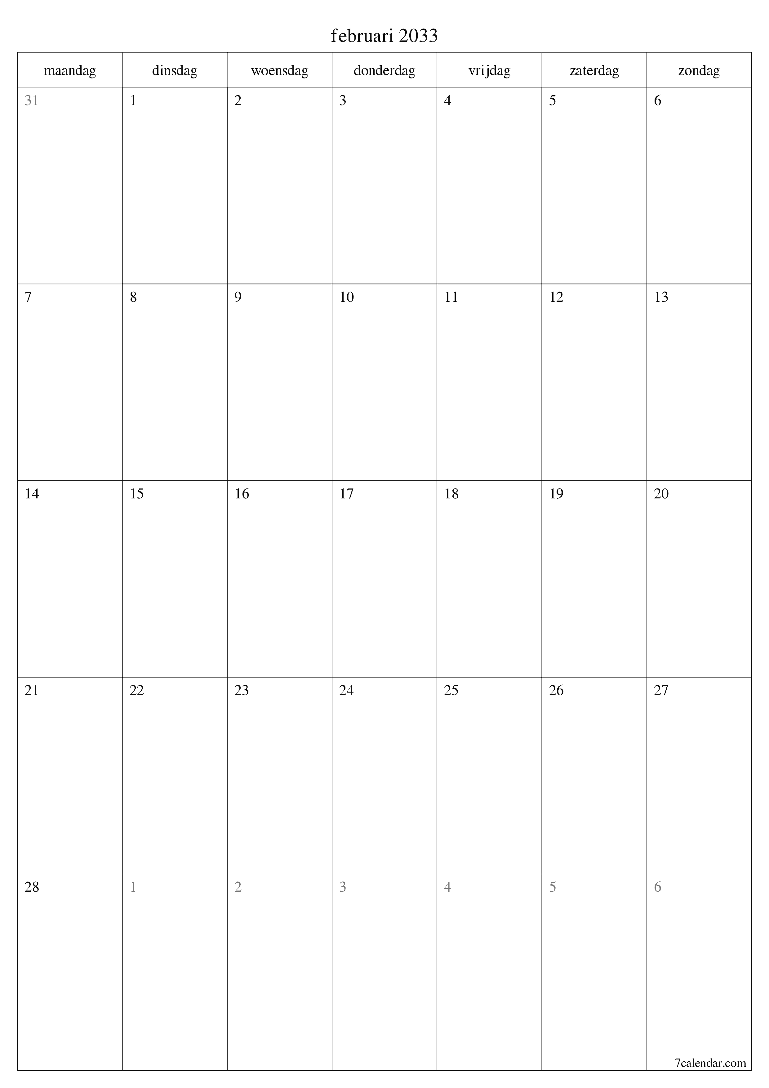 afdrukbare muur sjabloon gratis verticaal Maandelijks planner kalender februari (feb) 2033