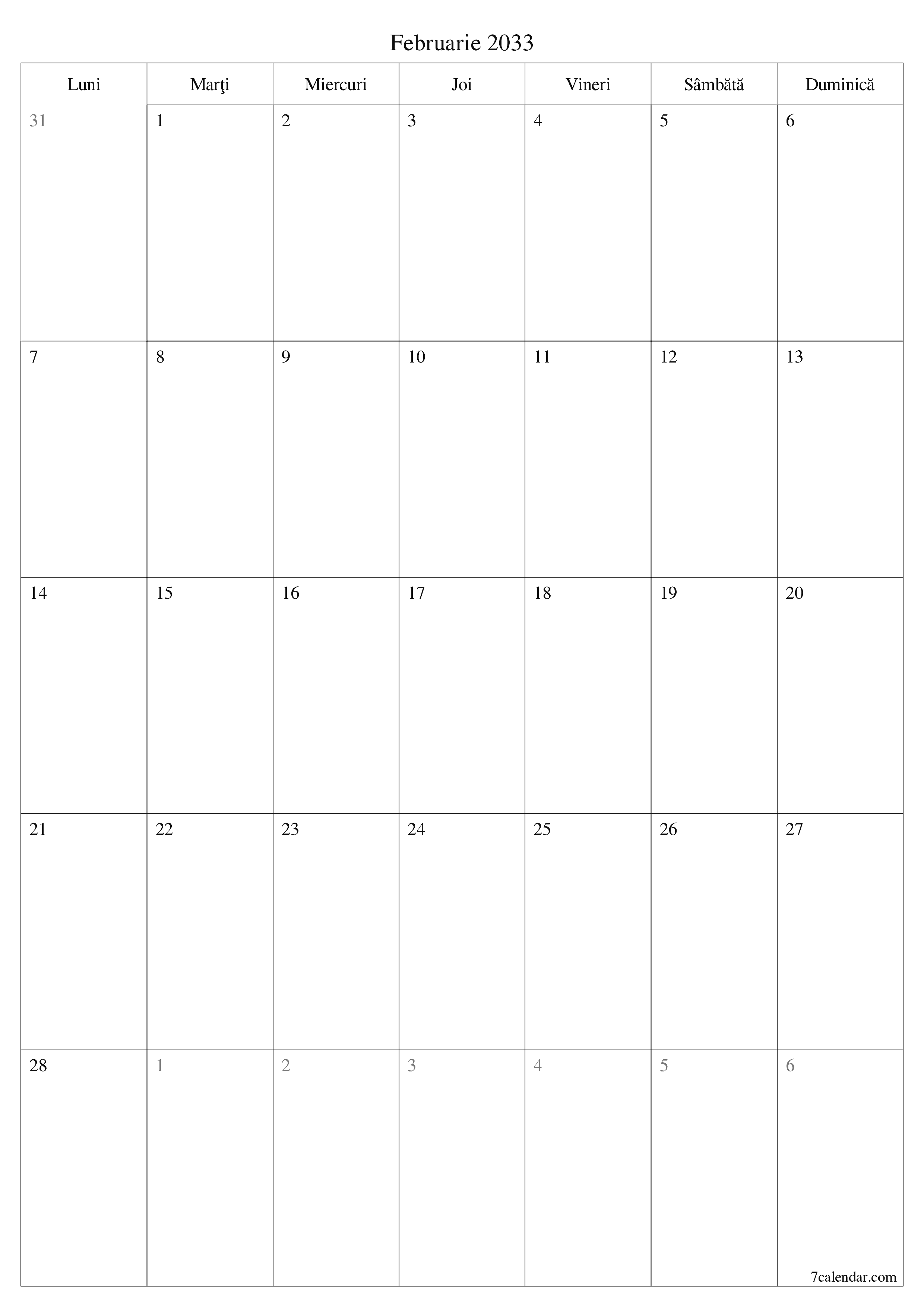  imprimabil de perete șablon de gratuitvertical Lunar planificator calendar Februarie (Feb) 2033