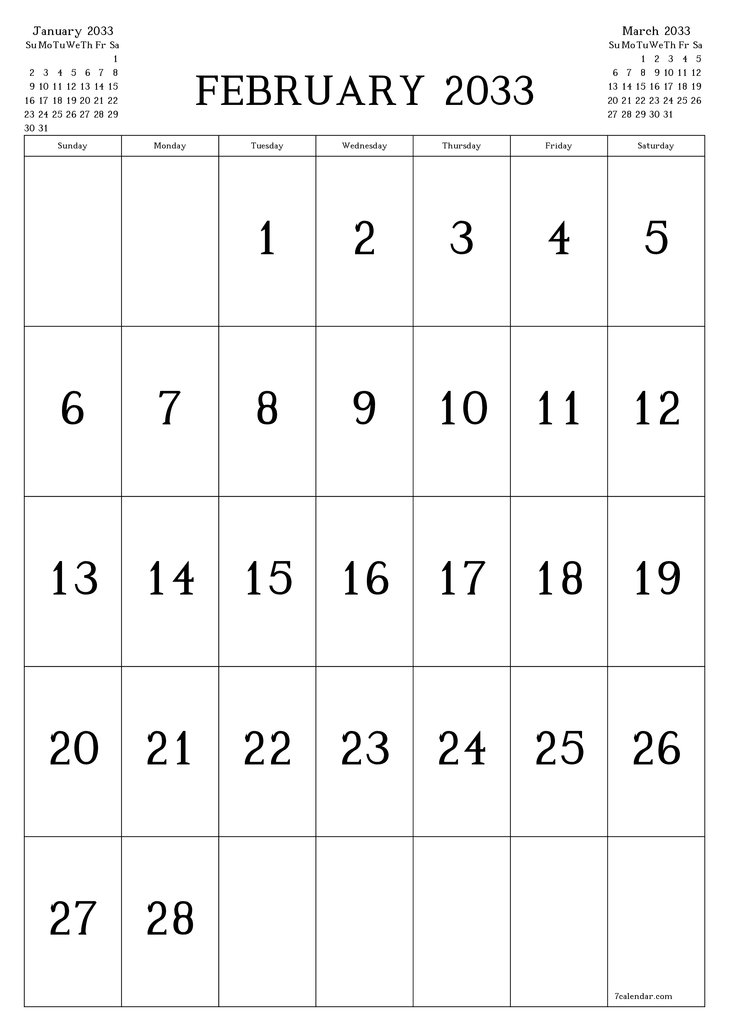 Blank calendar February 2033