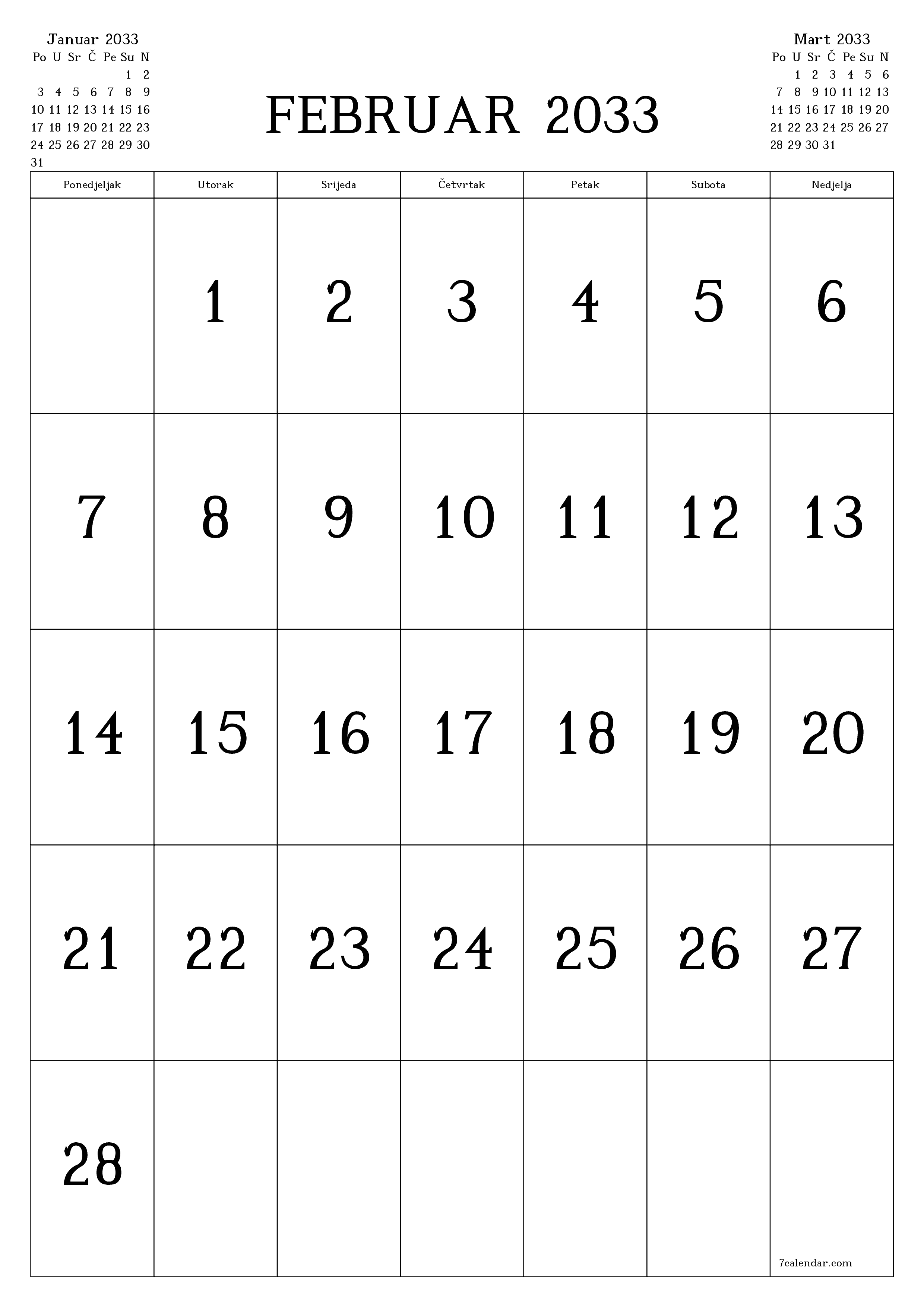  za štampanje zidni šablon a besplatni vertikalno Mjesečno kalendar Februar (Feb) 2033