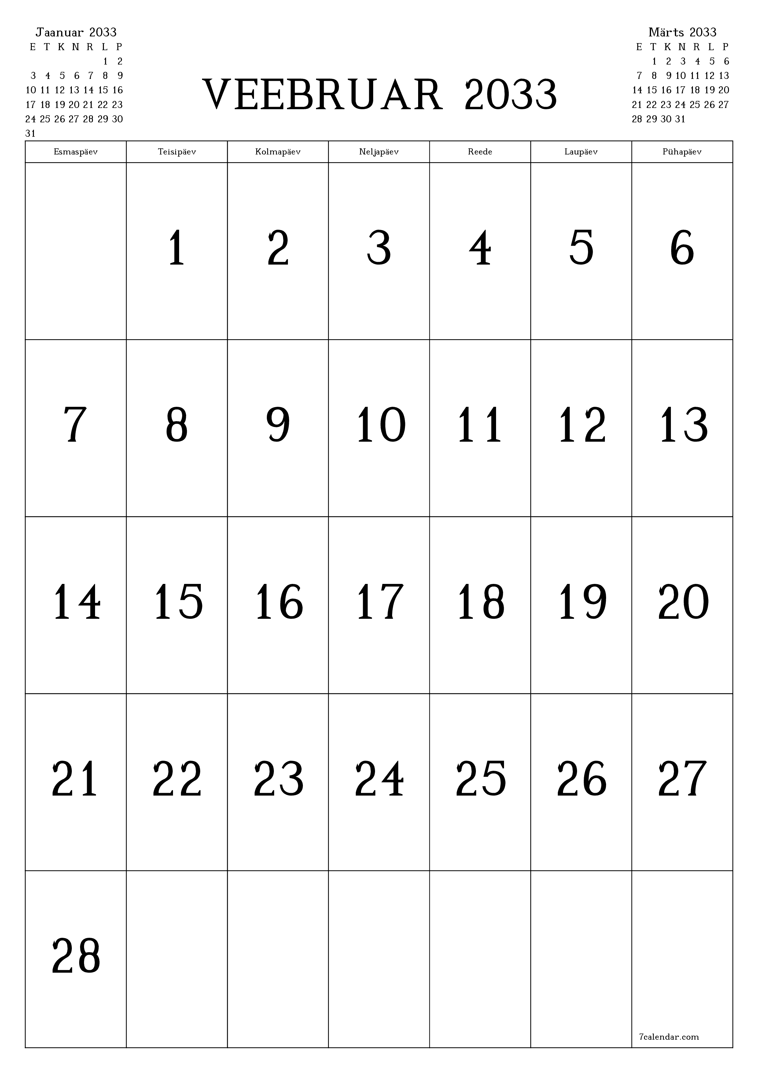 prinditav seina kalendri mall tasuta vertikaalne Igakuine kalender Veebruar (Veebr) 2033