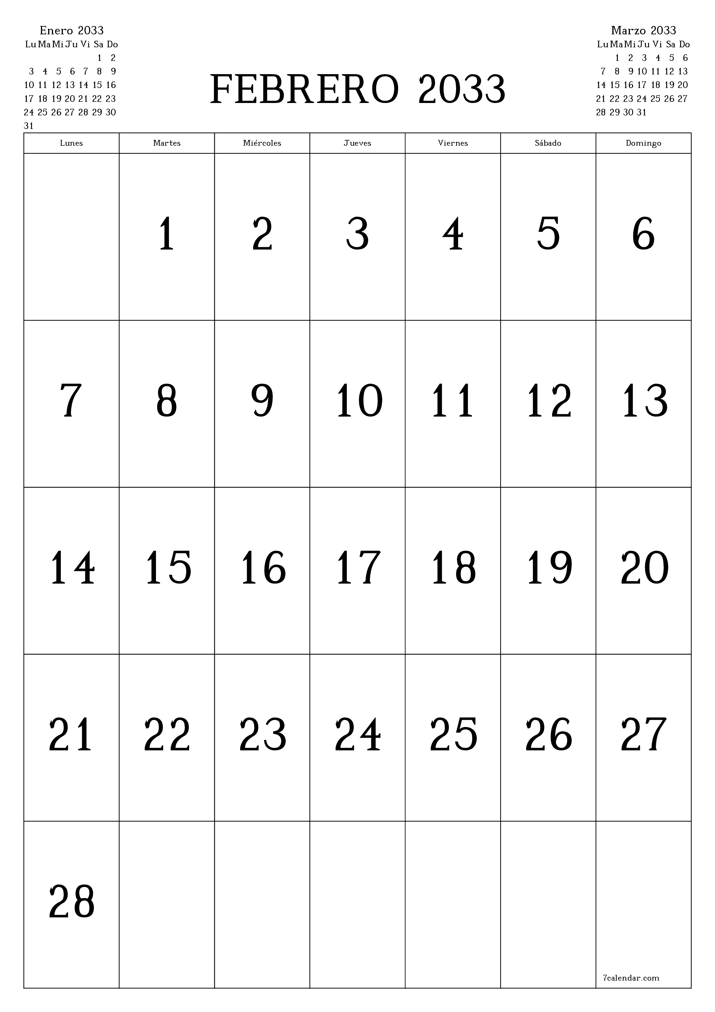  imprimible de pared plantilla de gratisvertical Mensual calendario Febrero (Feb) 2033