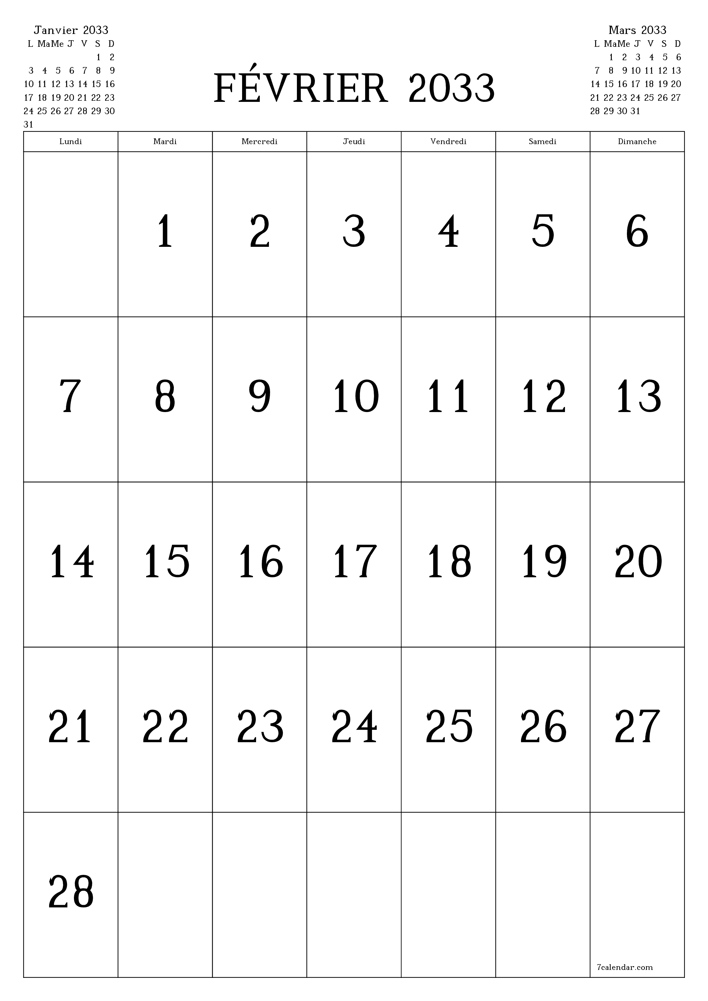  imprimable mural modèle de gratuitverticale Mensuel calendrier Février (Fév) 2033