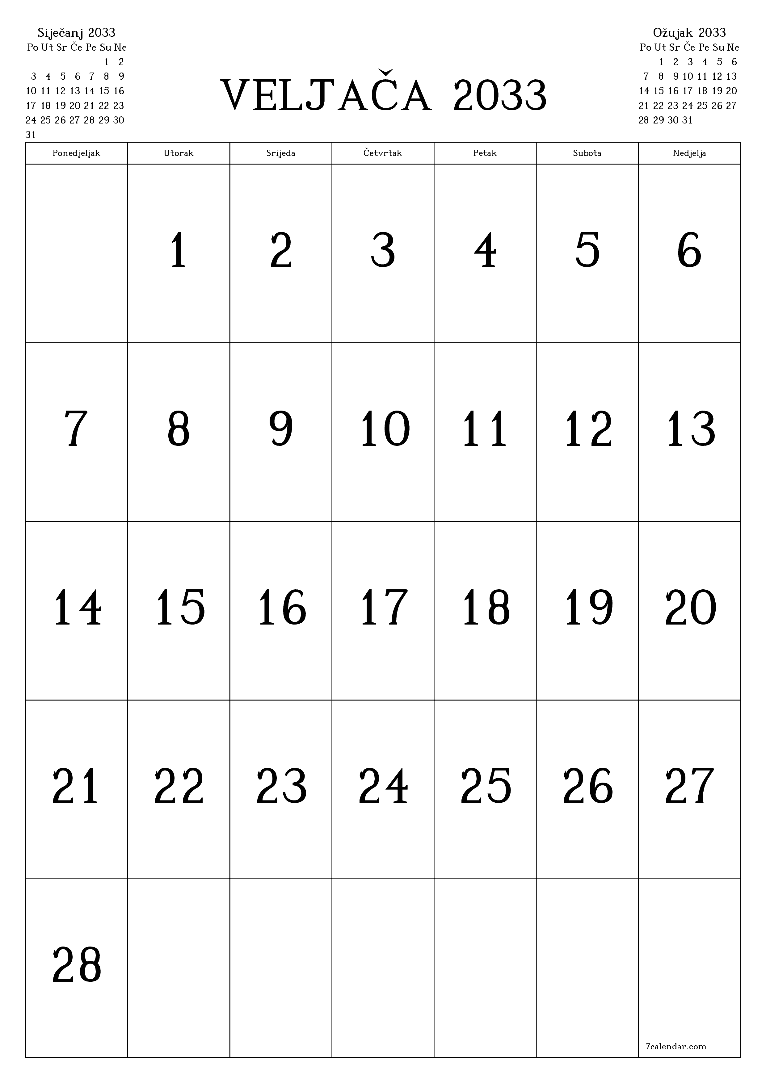  za ispis zidni predložak a besplatni okomito Mjesečni kalendar Veljača (Vel) 2033