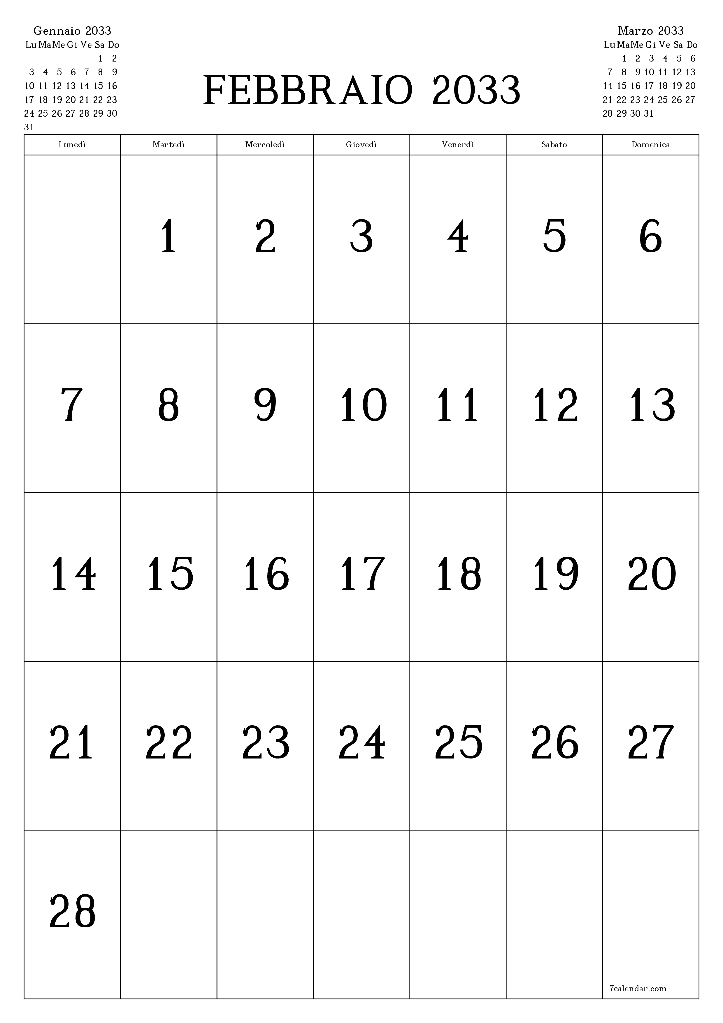  stampabile da parete modello di gratuitoverticale Mensile calendario Febbraio (Feb) 2033