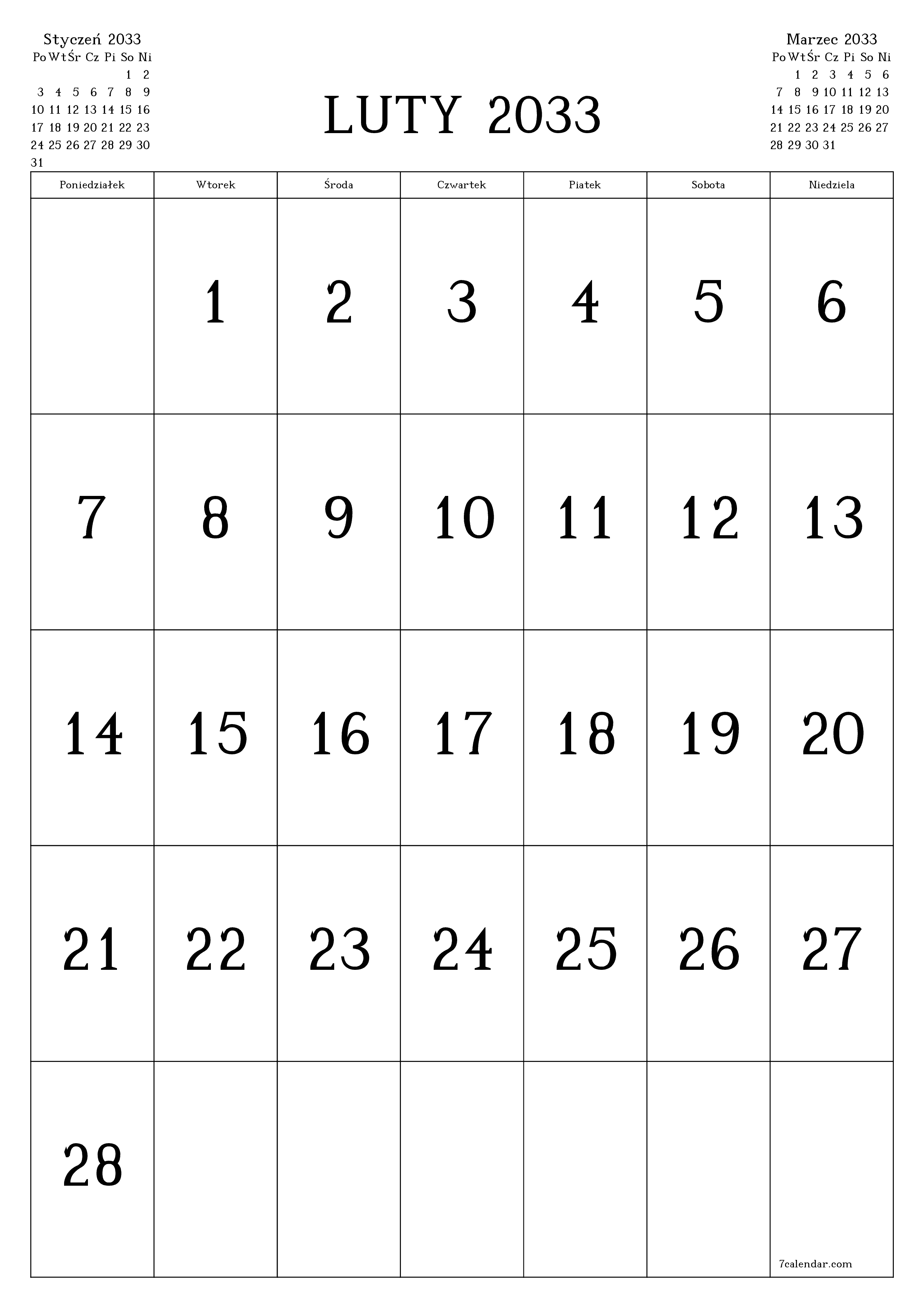  do druku ścienny szablon a darmowy pionowy Miesięczny kalendarz Luty (Lut) 2033