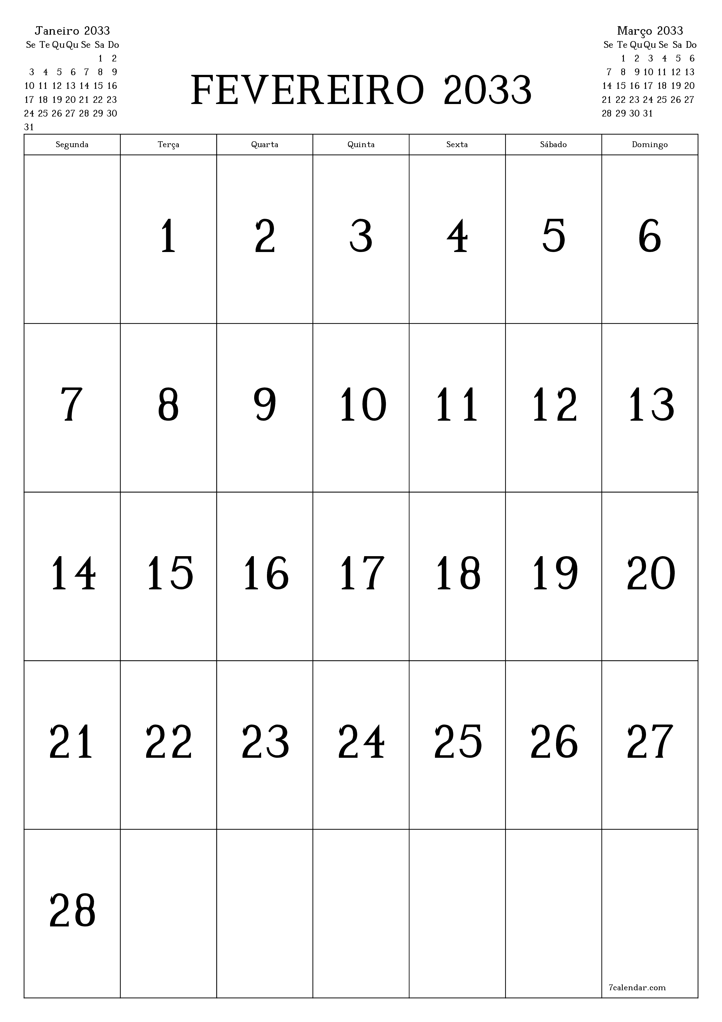  para impressão de parede modelo de grátisvertical Mensal calendário Fevereiro (Fev) 2033