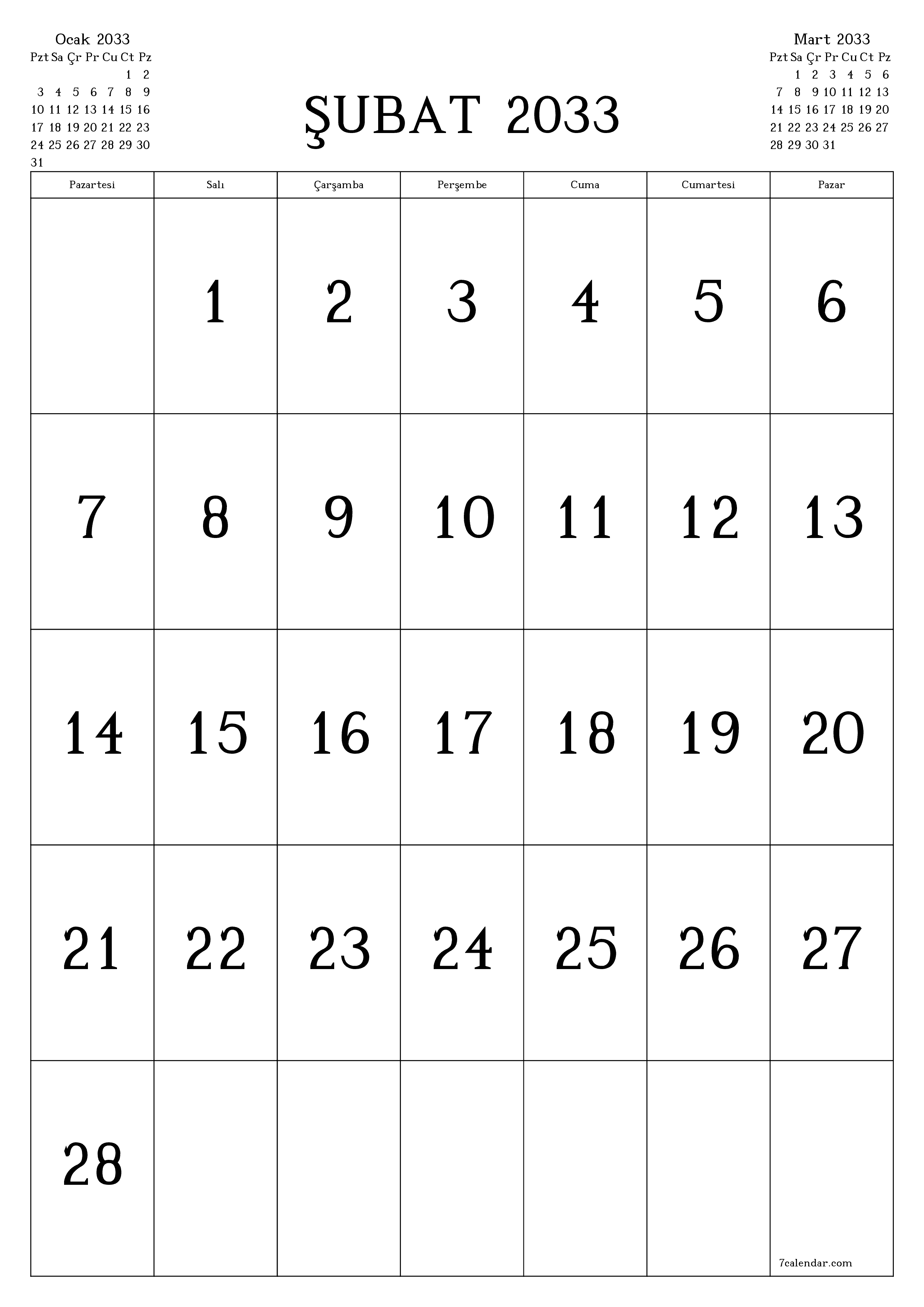 yazdırılabilir duvar i şablonu ücretsiz dikey Aylık takvim Şubat (Şub) 2033