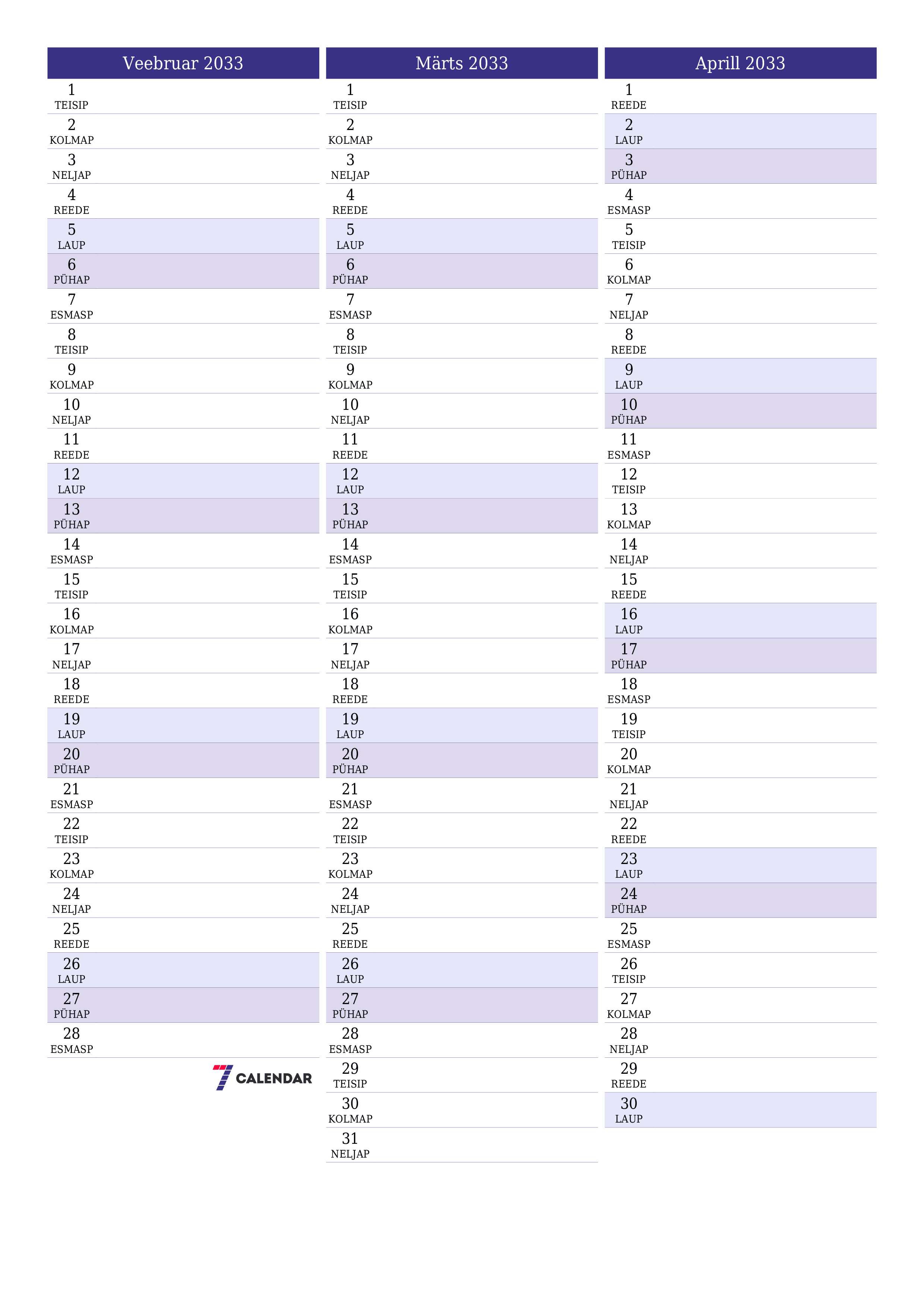 prinditav seina kalendri mall tasuta vertikaalne Igakuine planeerija kalender Veebruar (Veebr) 2033