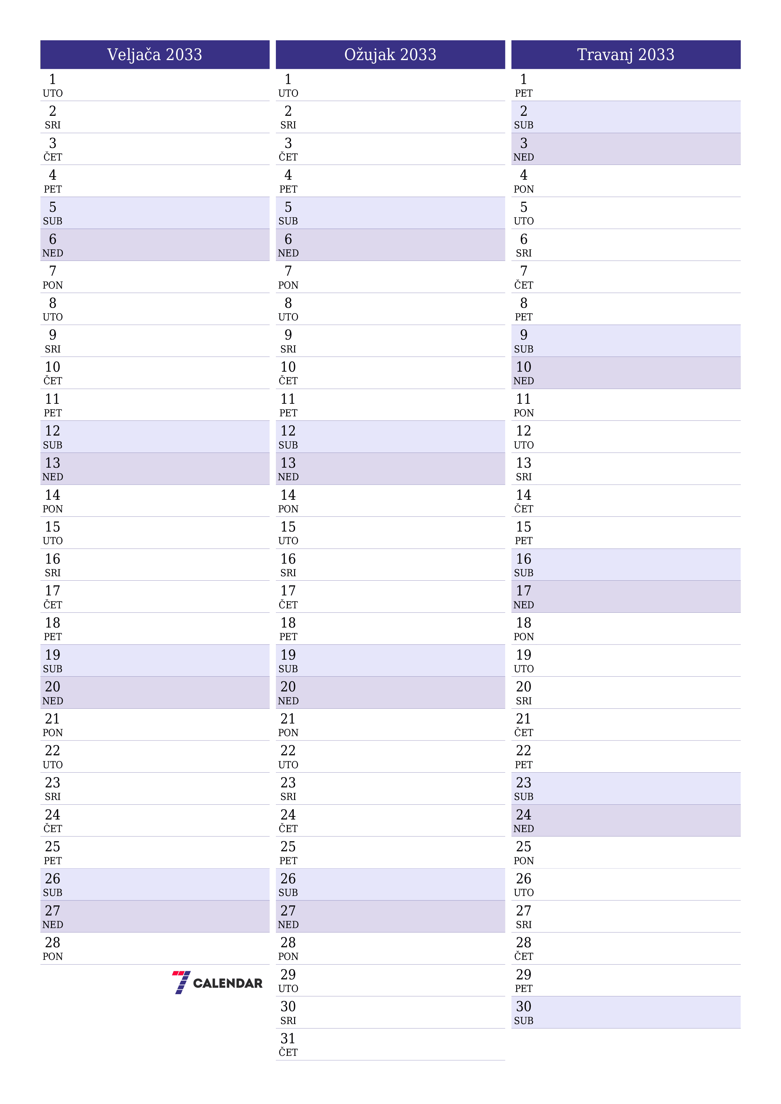  za ispis zidni predložak a besplatni okomito Mjesečni planer kalendar Veljača (Vel) 2033