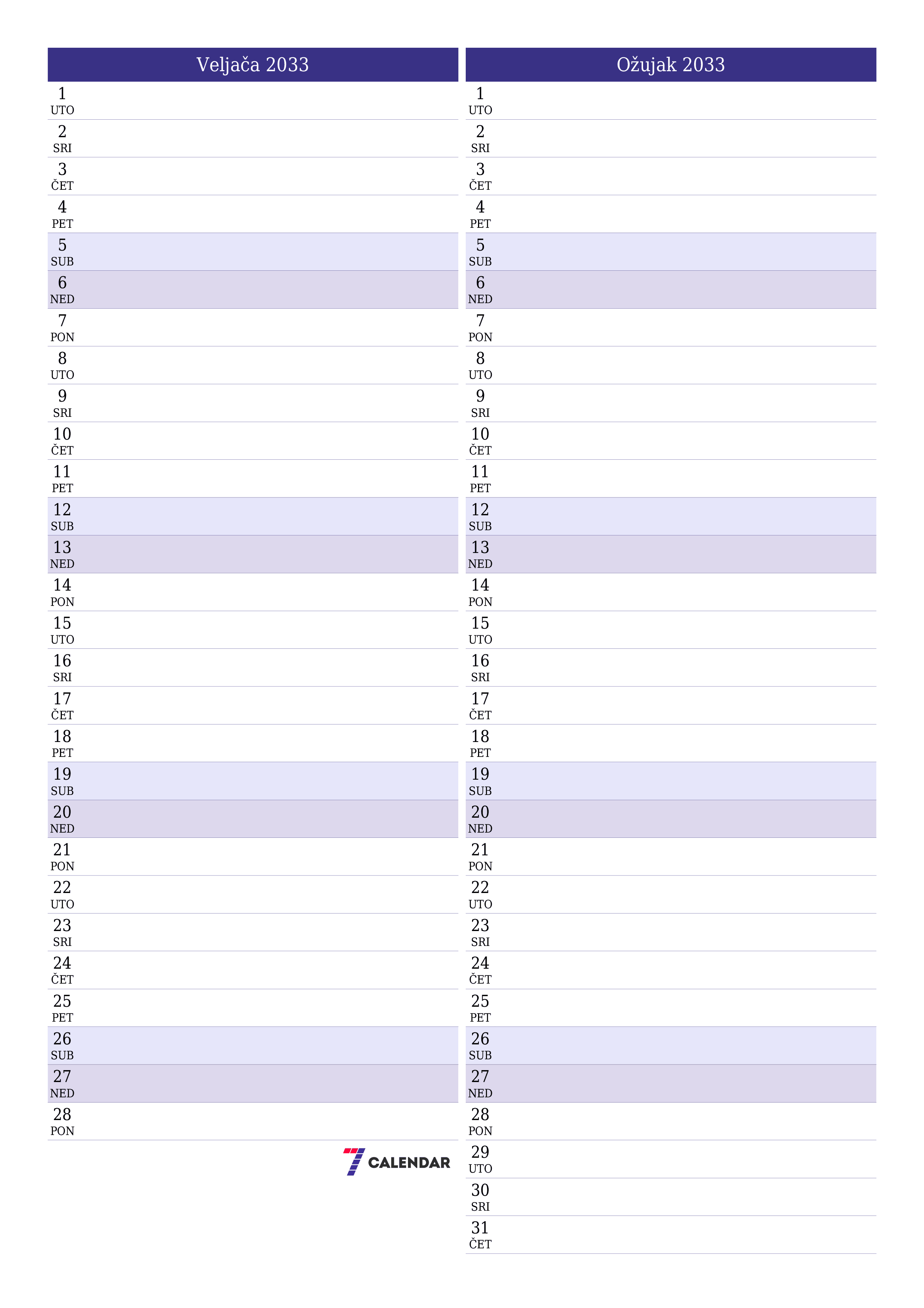  za ispis zidni predložak a besplatni okomito Mjesečni planer kalendar Veljača (Vel) 2033