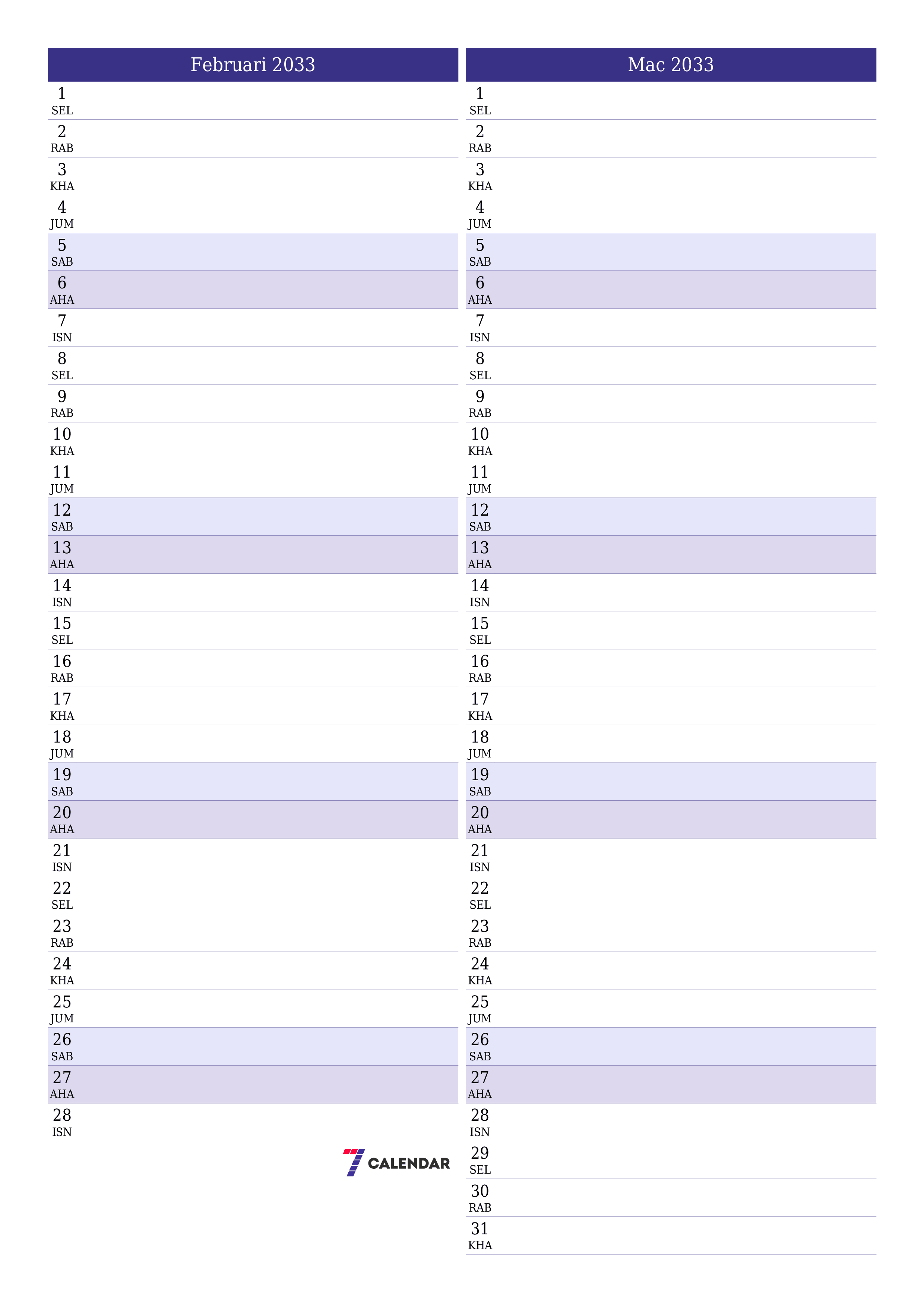  boleh cetak dinding templat percumamenegak Bulanan perancang kalendar Februari (Feb) 2033