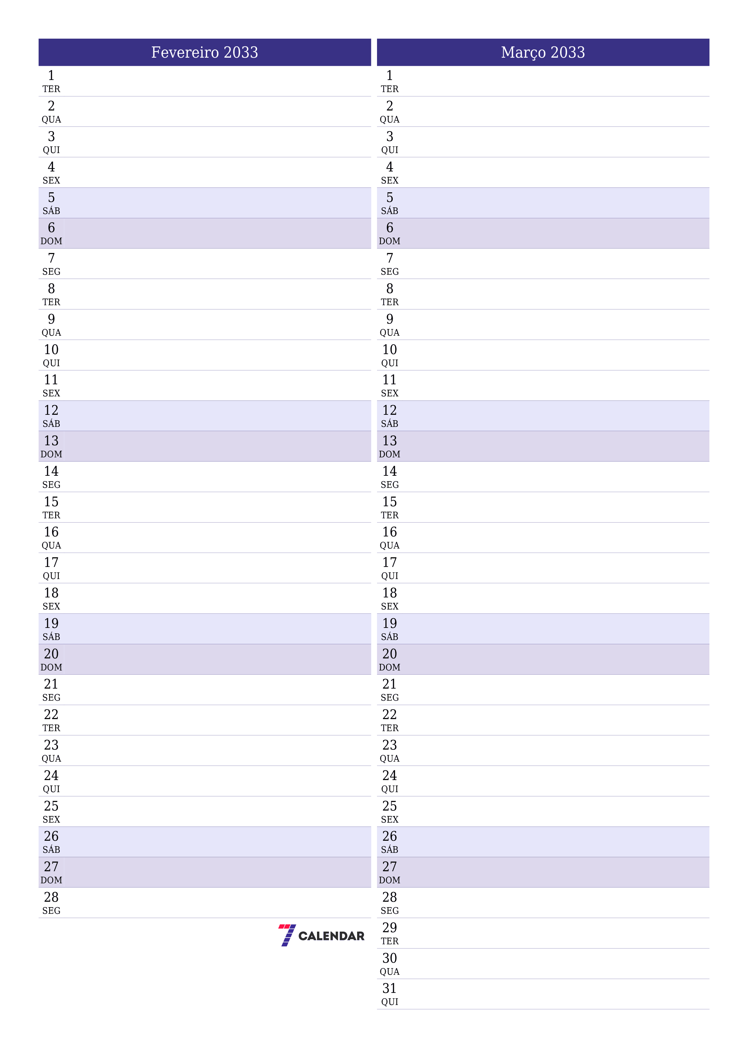  para impressão de parede modelo de grátisvertical Mensal planejador calendário Fevereiro (Fev) 2033