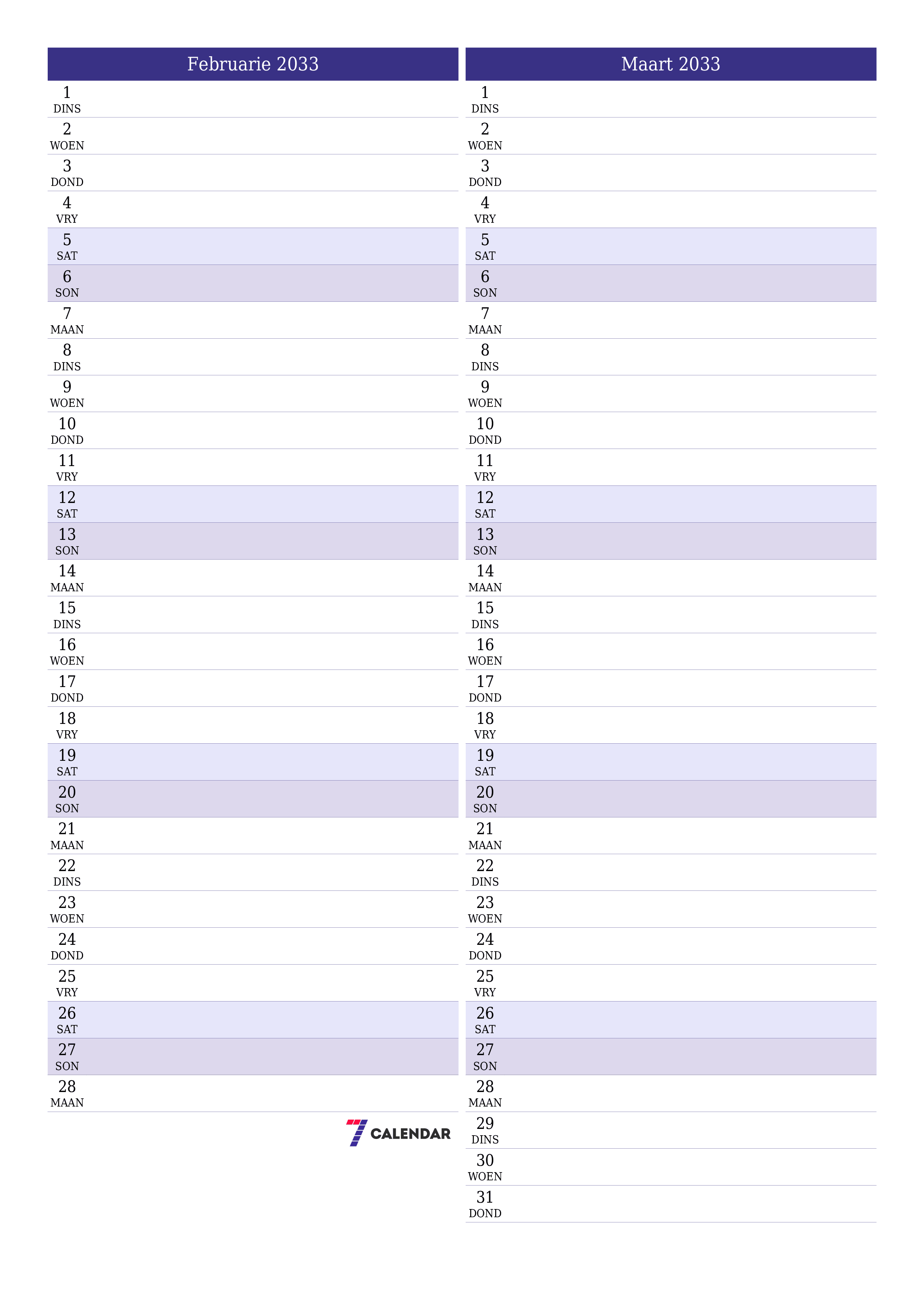 Leë maandelikse drukbare kalender en beplanner vir maand Februarie 2033 met notas stoor en druk na PDF PNG Afrikaans