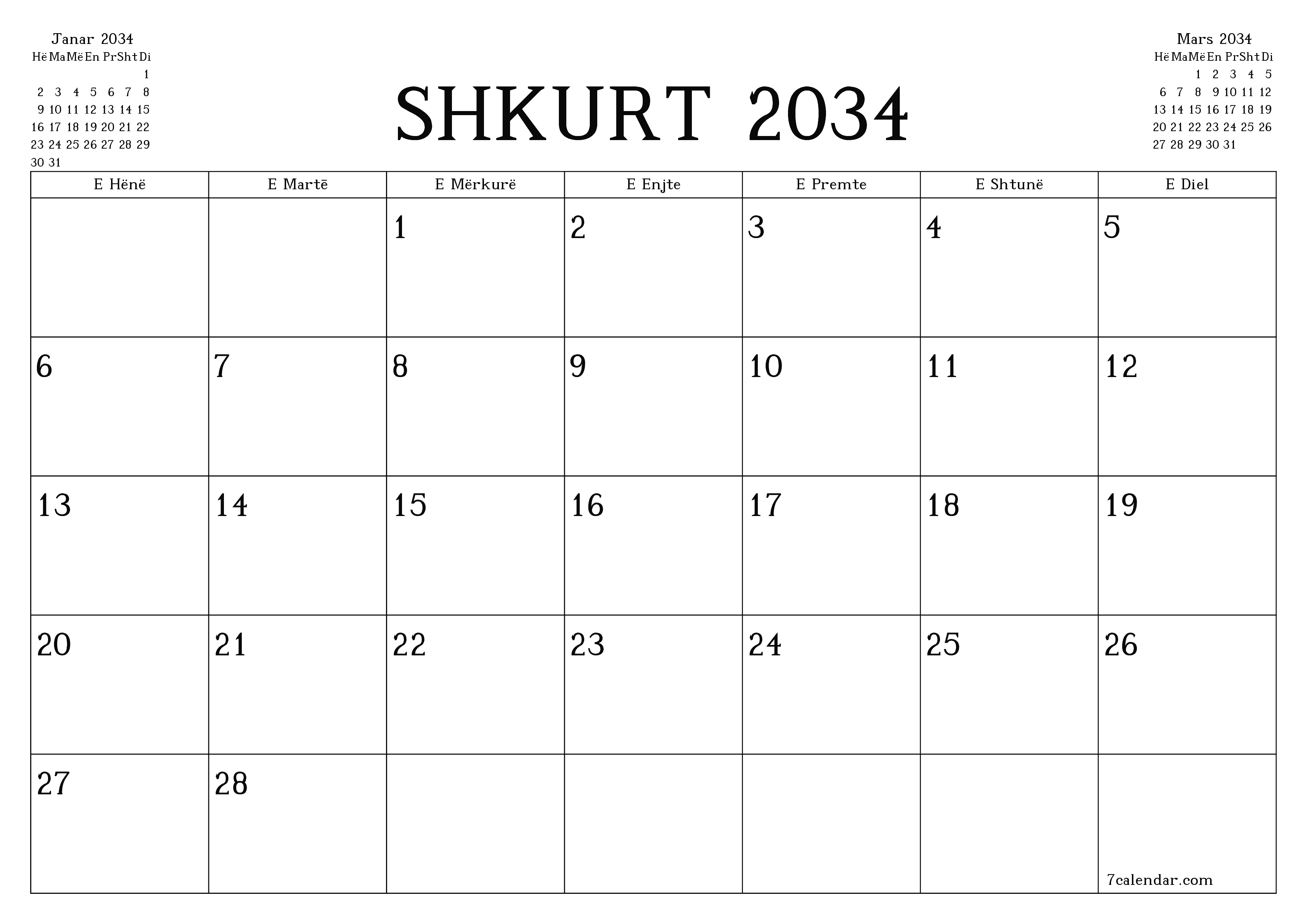 Planifikuesi i zbrazët i kalendarit mujor për muajin Shkurt 2034 me shënime të ruajtura dhe të printuara në PDF PNG Albanian
