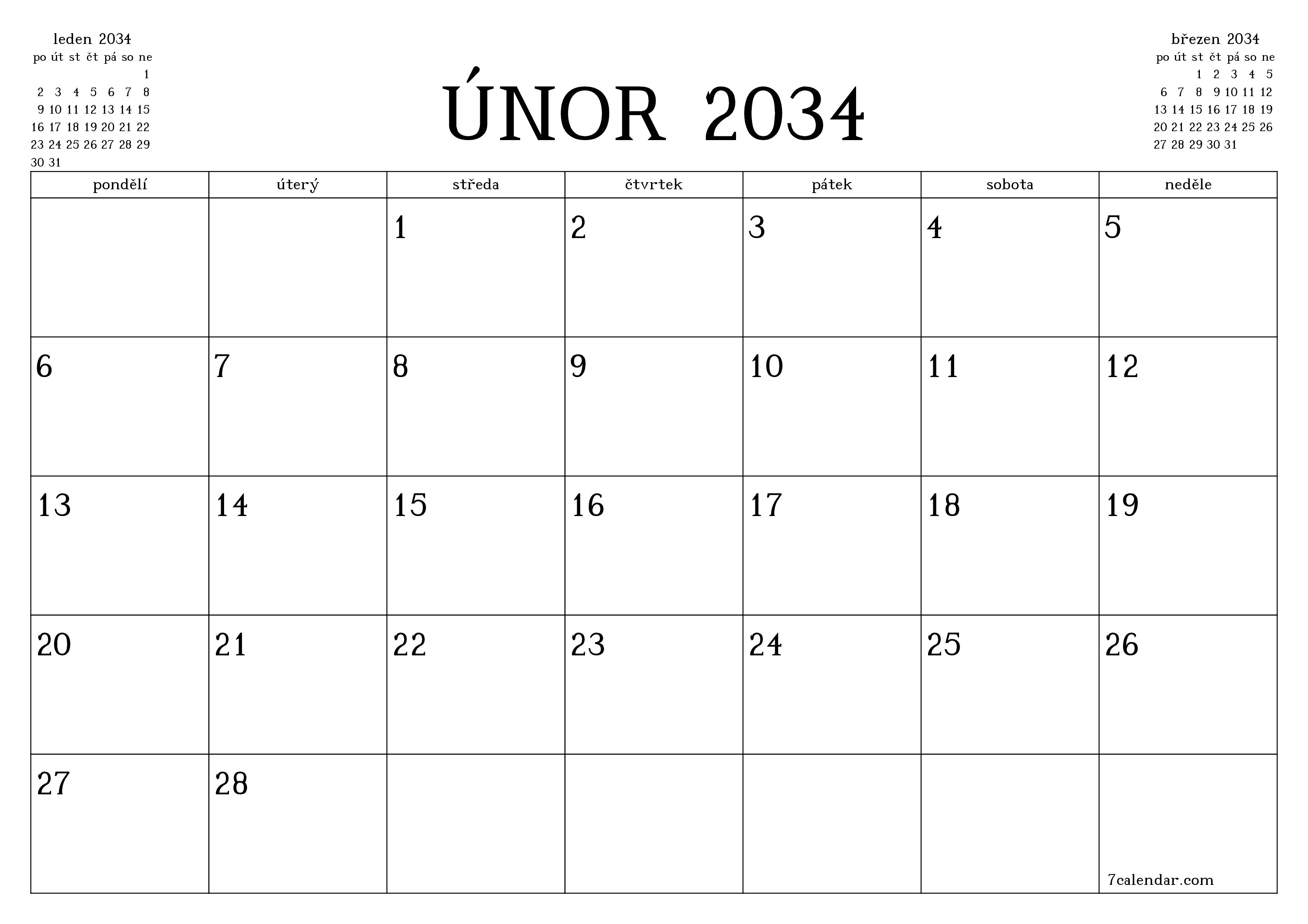 Vyprázdnit měsíční plánovač na měsíc únor 2034 s poznámkami, uložit a vytisknout do PDF PNG Czech