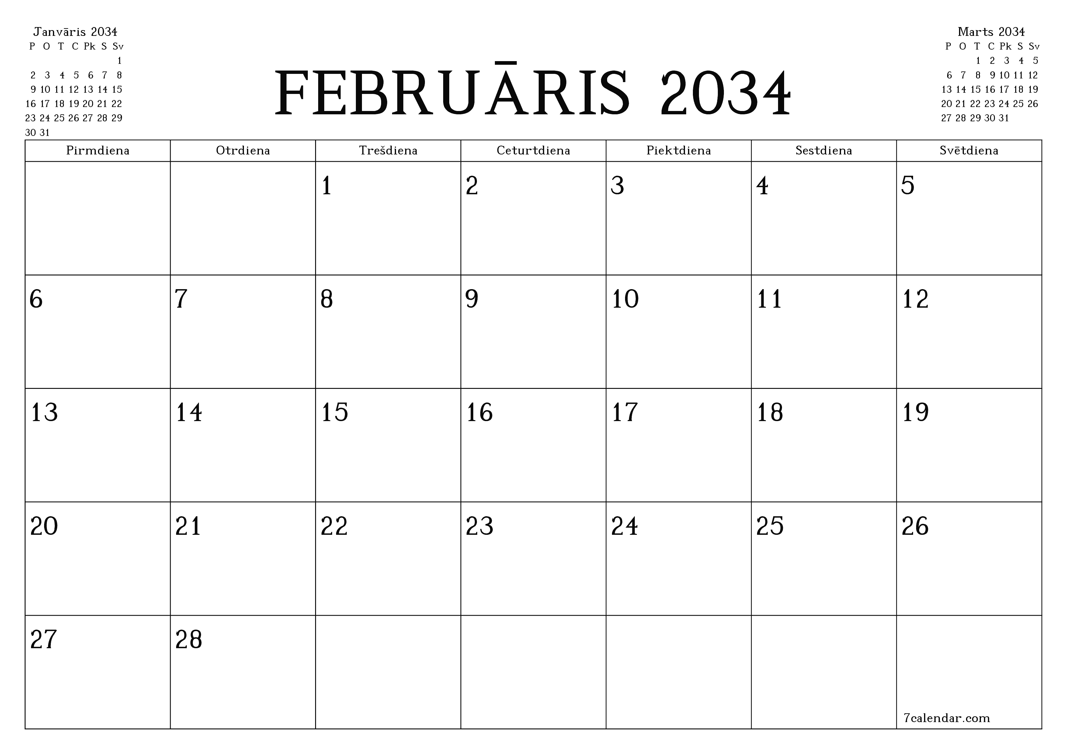 Iztukšot mēneša plānotāju mēnesim Februāris 2034 ar piezīmēm, saglabāt un izdrukāt PDF formātā PNG Latvian