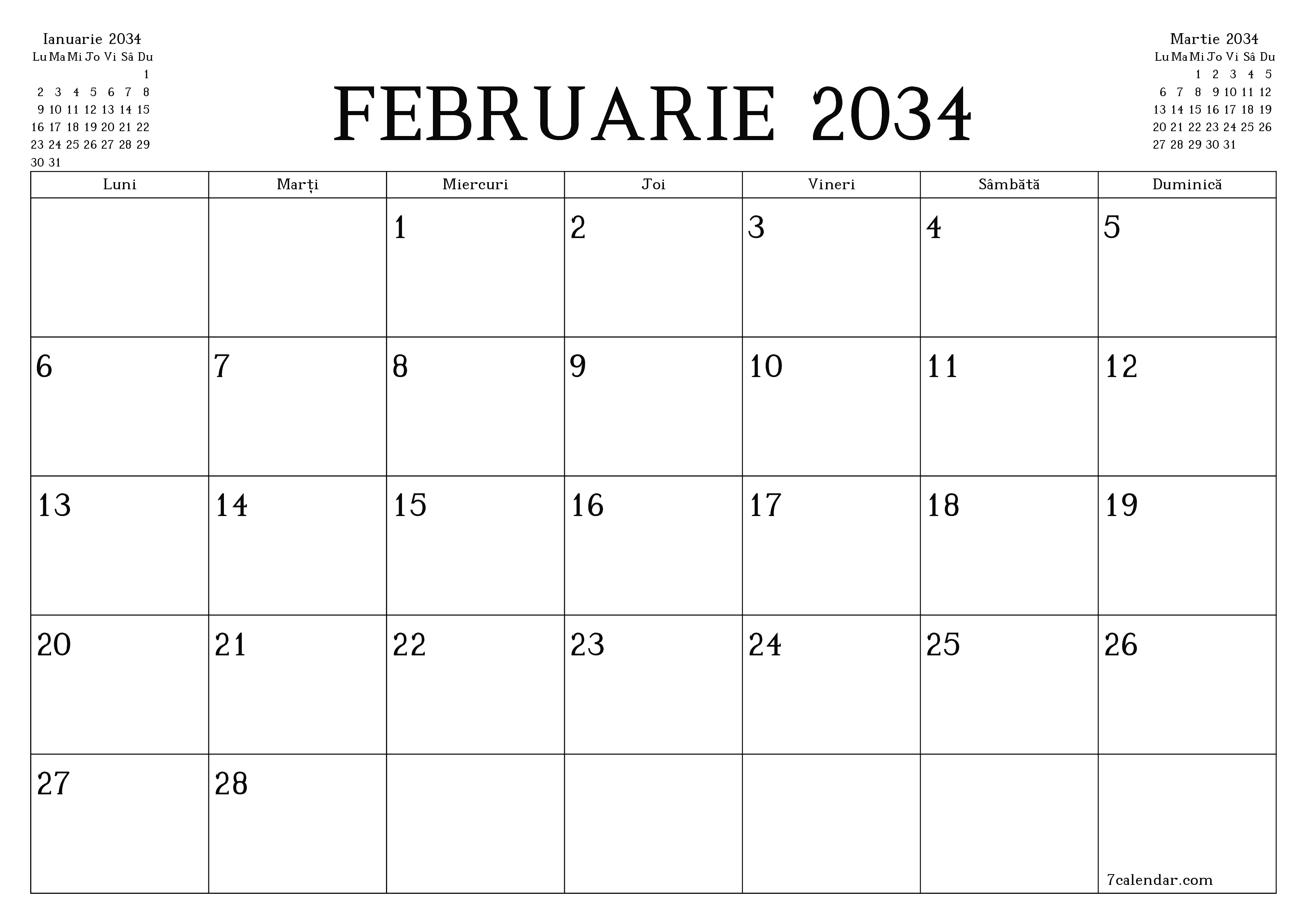 Planificator lunar gol pentru luna Februarie 2034 cu note, salvați și tipăriți în PDF PNG Romanian