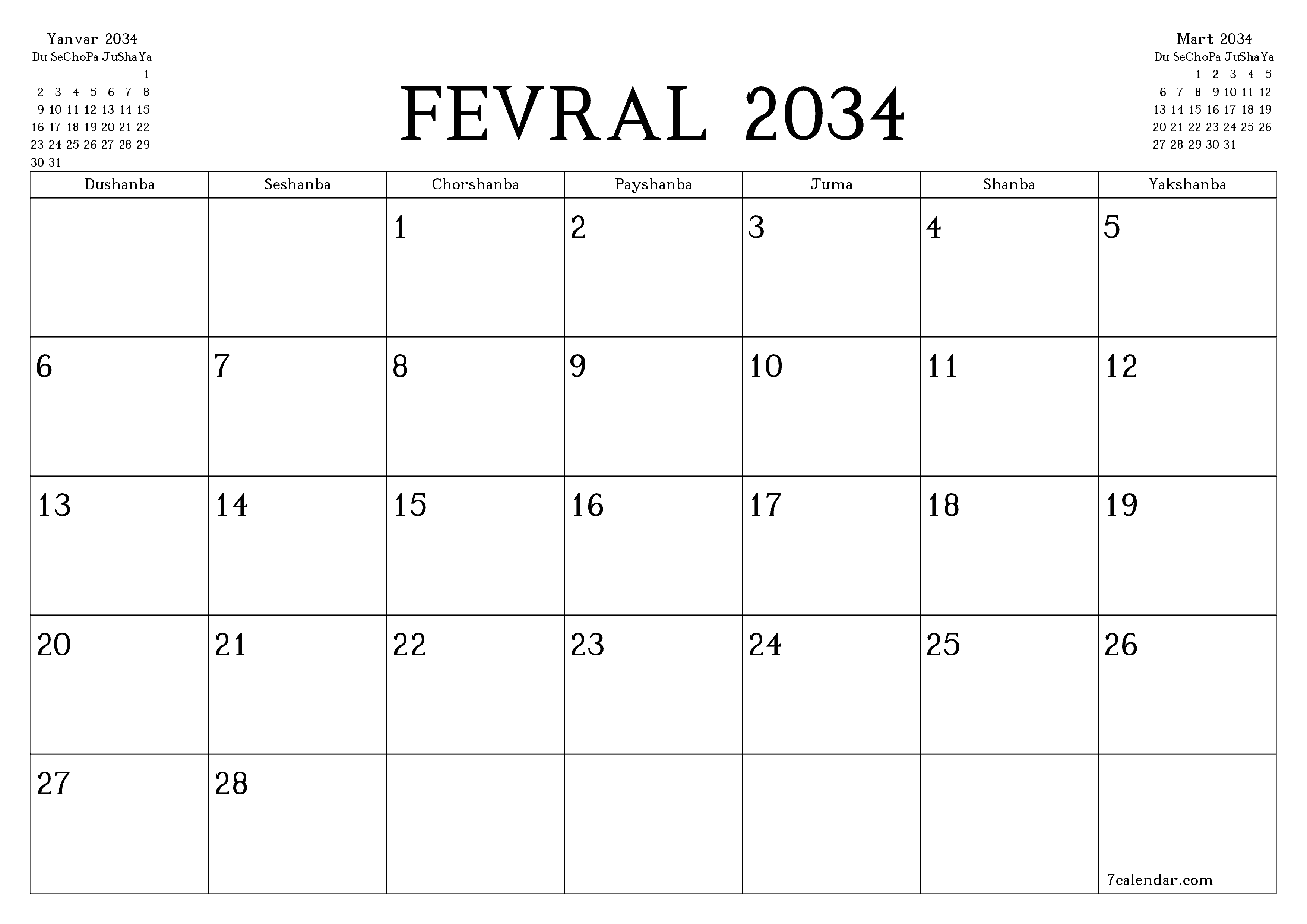 Fevral 2034 oylik oylik rejalashtiruvchini yozuvlar bilan bo'shatish, saqlash va PDF-ga chop etish PNG Uzbek