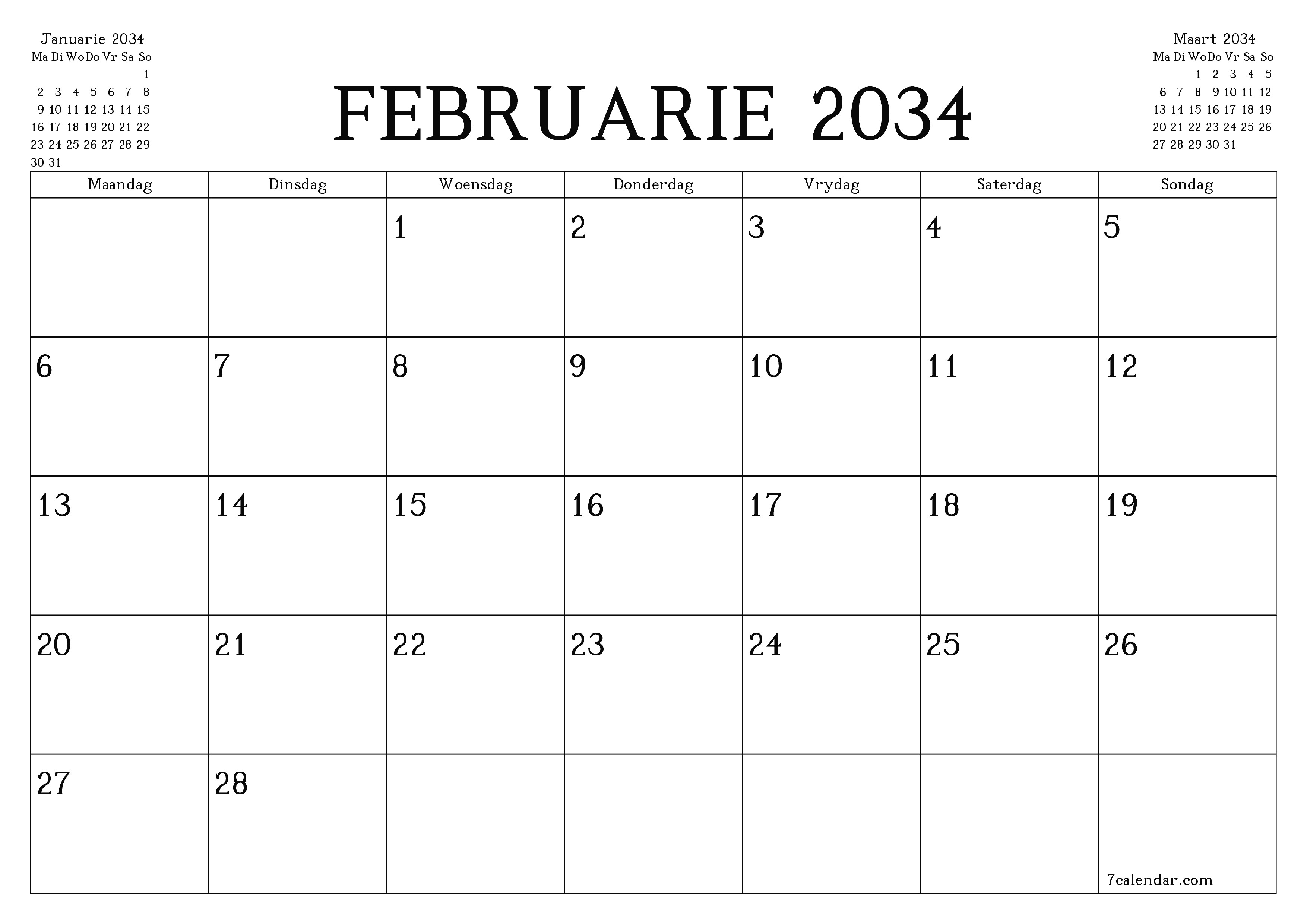 Leë maandelikse drukbare kalender en beplanner vir maand Februarie 2034 met notas stoor en druk na PDF PNG Afrikaans