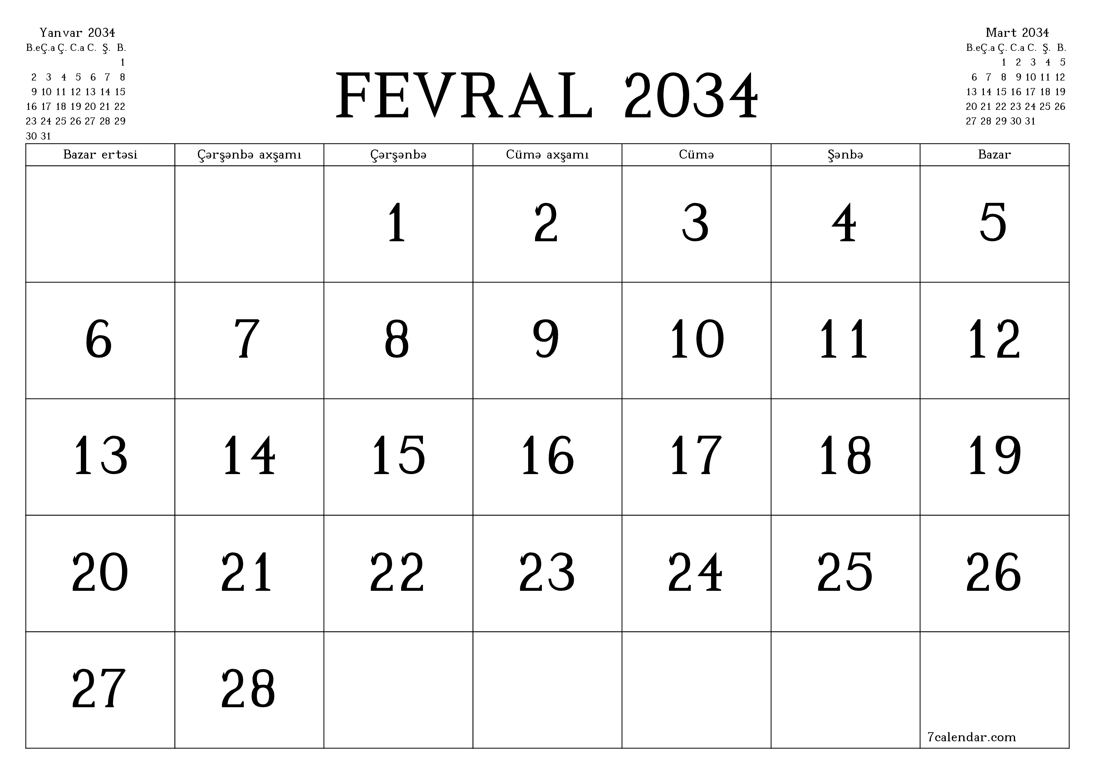 Fevral 2034 ayı üçün qeydlər ilə boş aylıq planlayıcı, qeyd edin və PDF-ə yazdırın PNG Azerbaijani