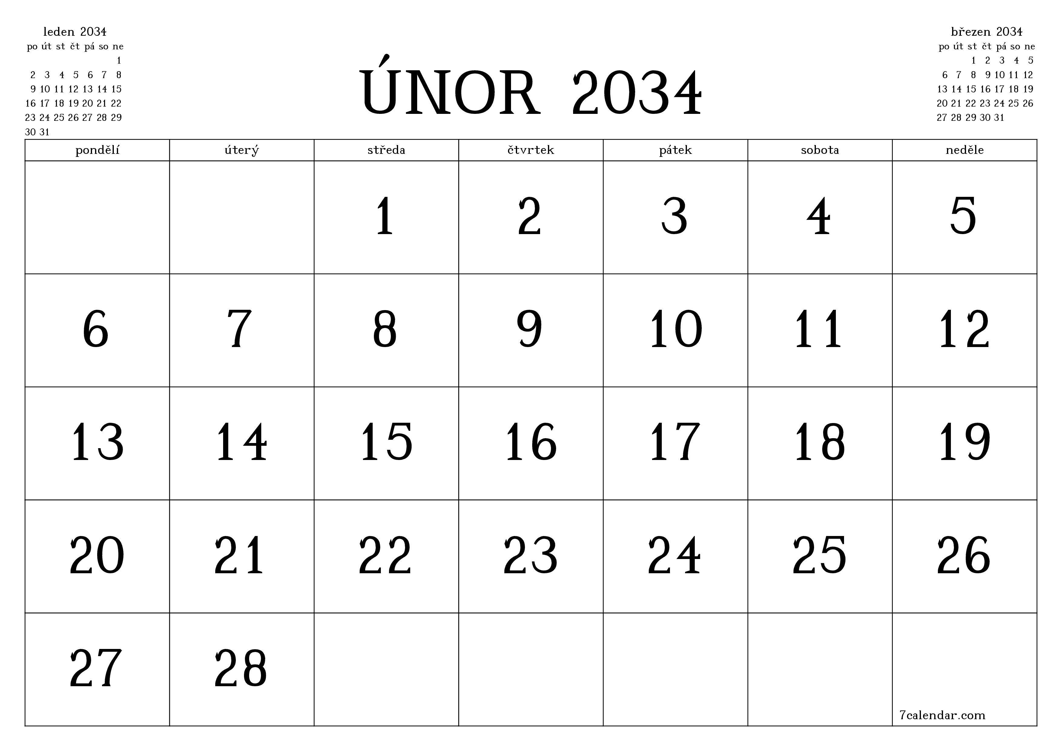 Vyprázdnit měsíční plánovač na měsíc únor 2034 s poznámkami, uložit a vytisknout do PDF PNG Czech