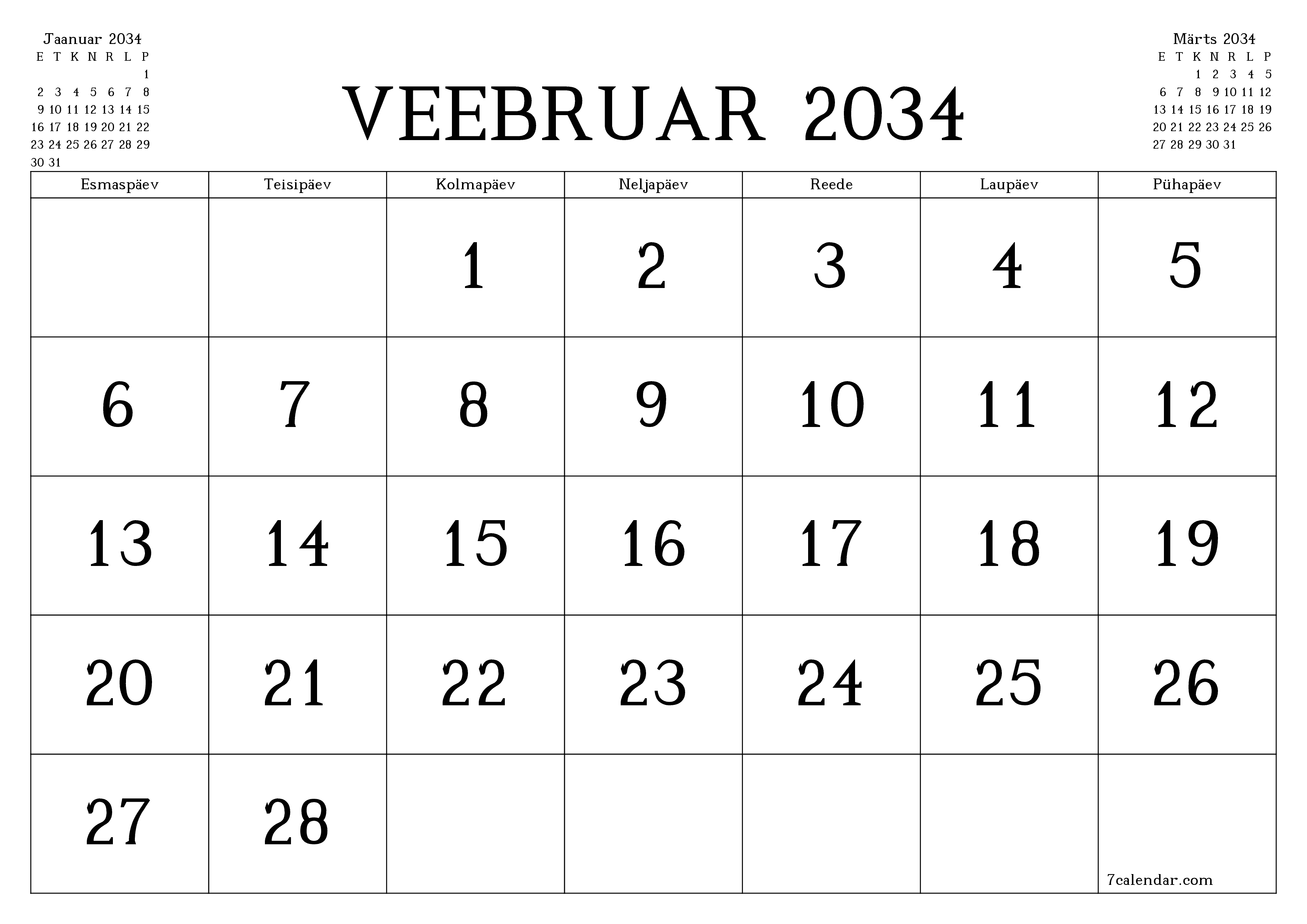 Tühjendage kuu Veebruar 2034 kuuplaneerija märkmetega, salvestage ja printige PDF-i PNG Estonian