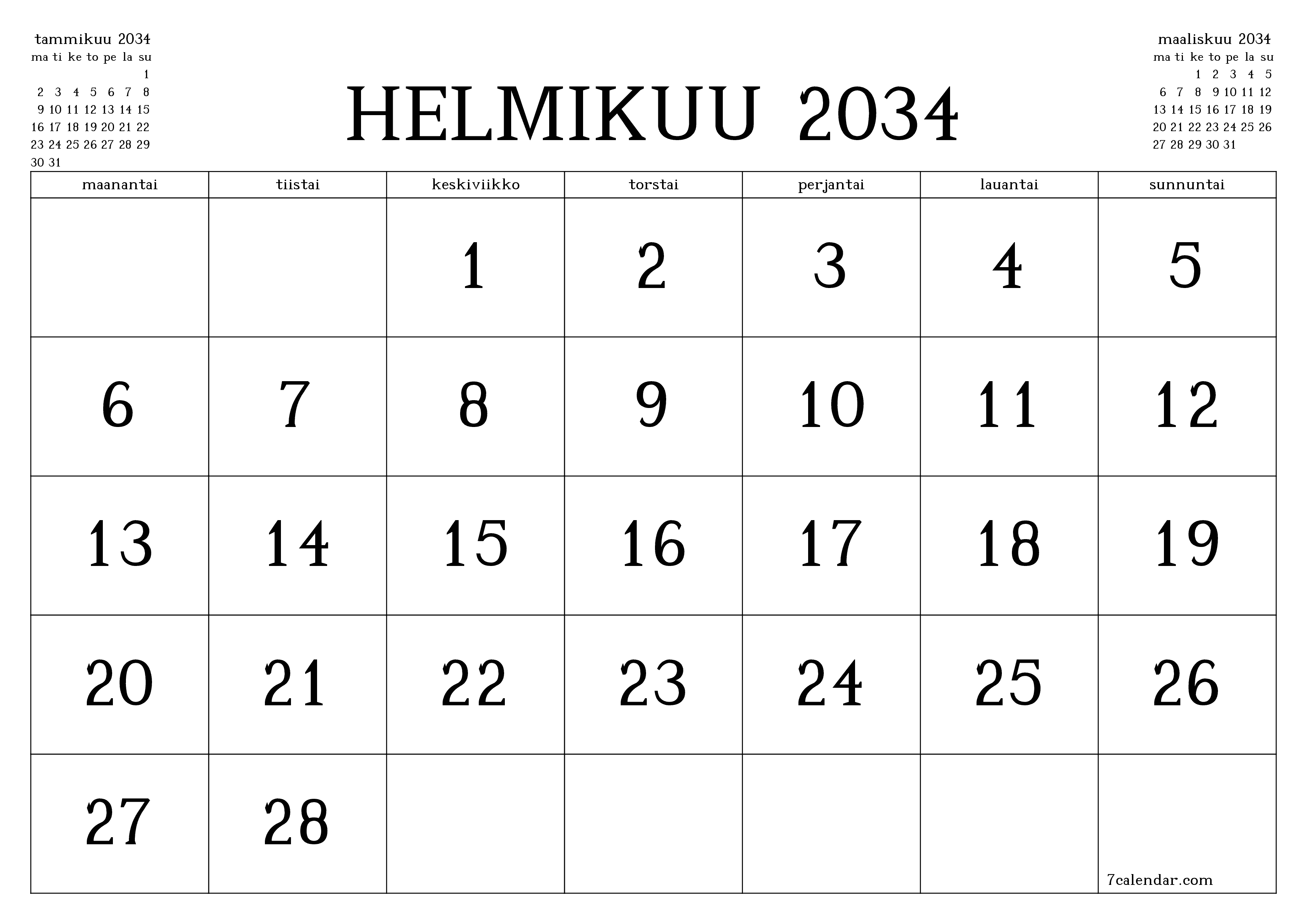 Tyhjennä kuukausittainen suunnittelija kuukaudelle Helmikuu 2034 muistiinpanoilla, tallenna ja tulosta PDF-muotoon PNG Finnish