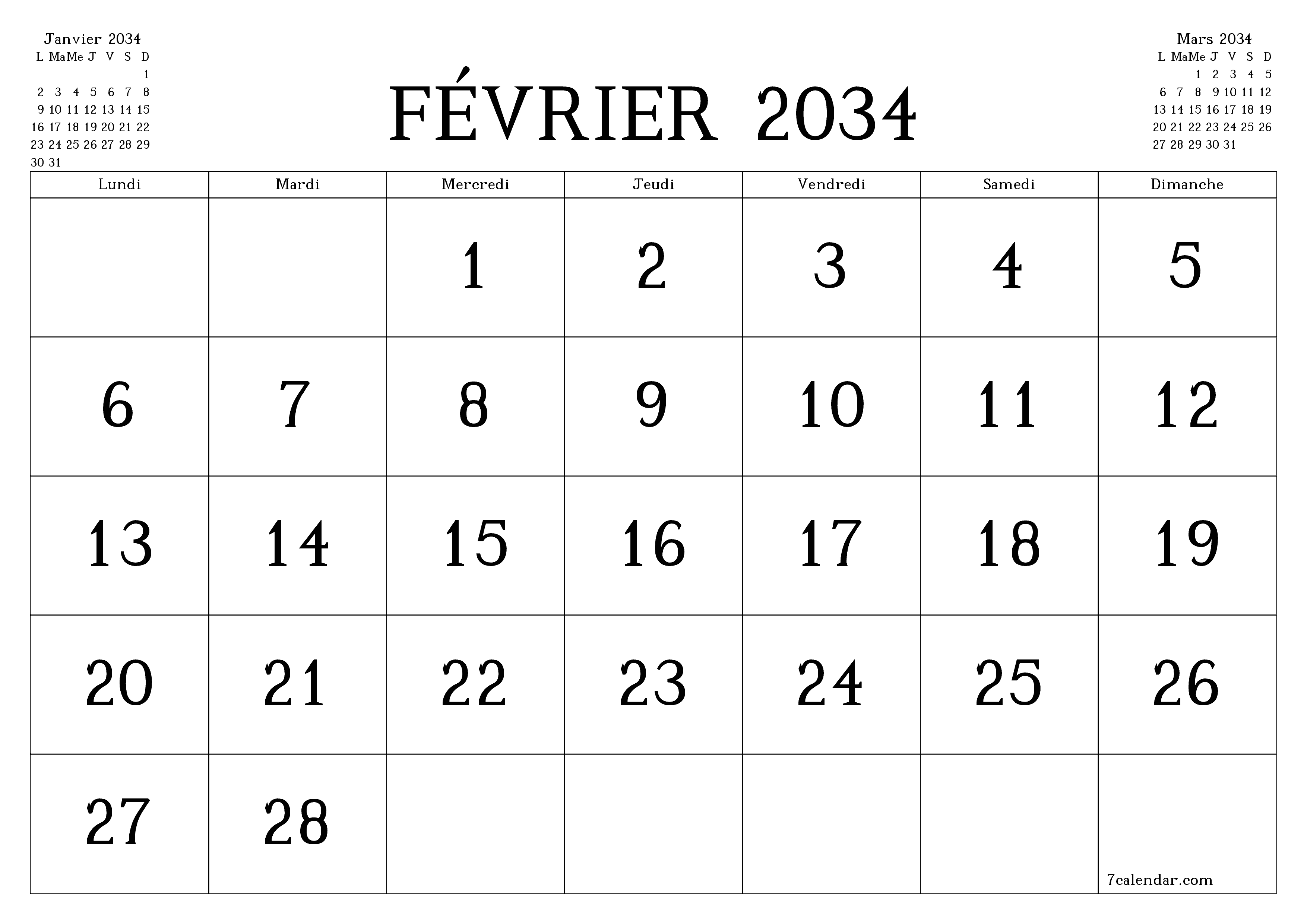Agenda mensuel vide pour le mois Février 2034 avec notes, enregistrez et imprimez au format PDF PNG French