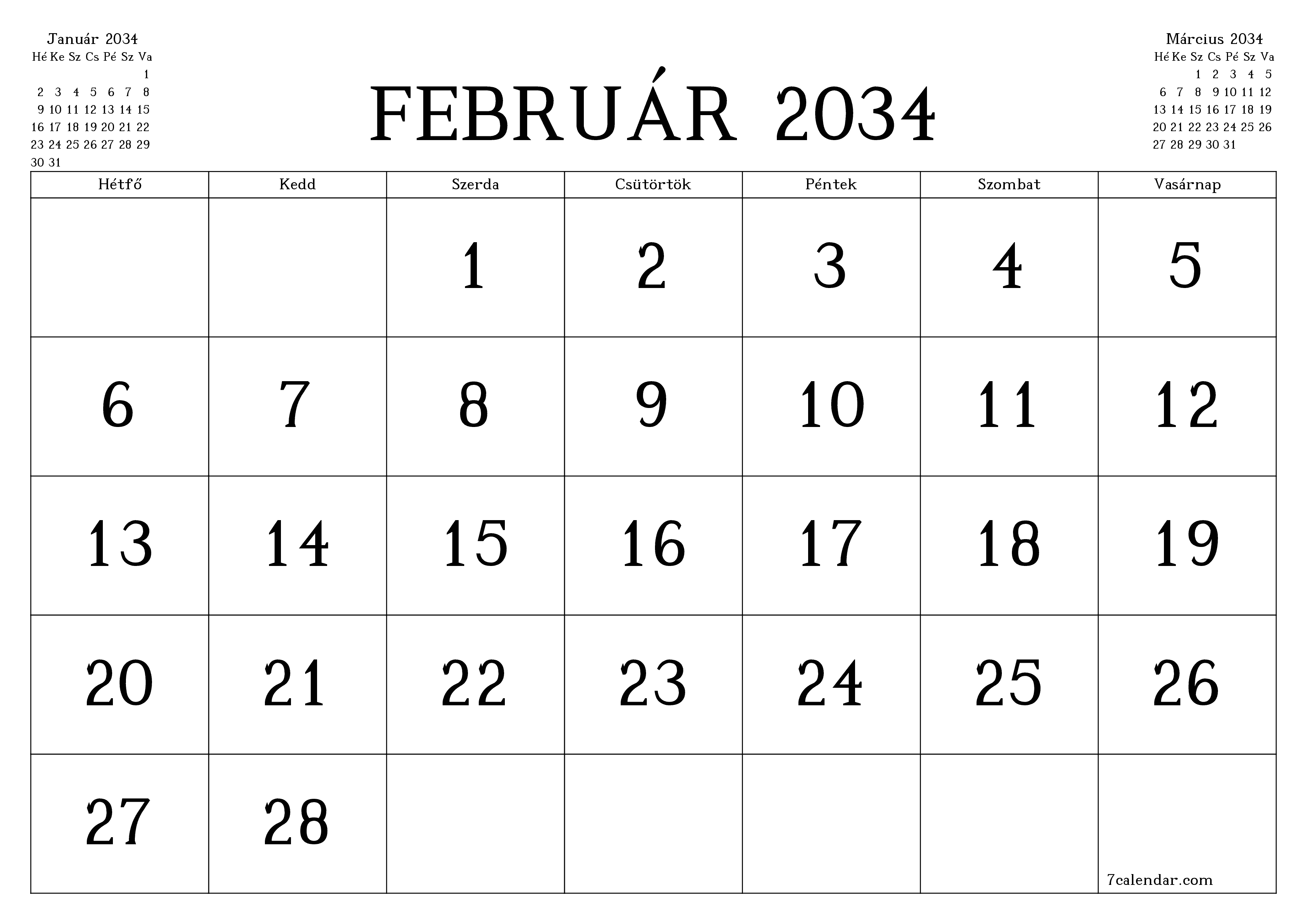 Üres havi tervező a Február 2034 hónapra jegyzetekkel, mentés és nyomtatás PDF-be PNG Hungarian