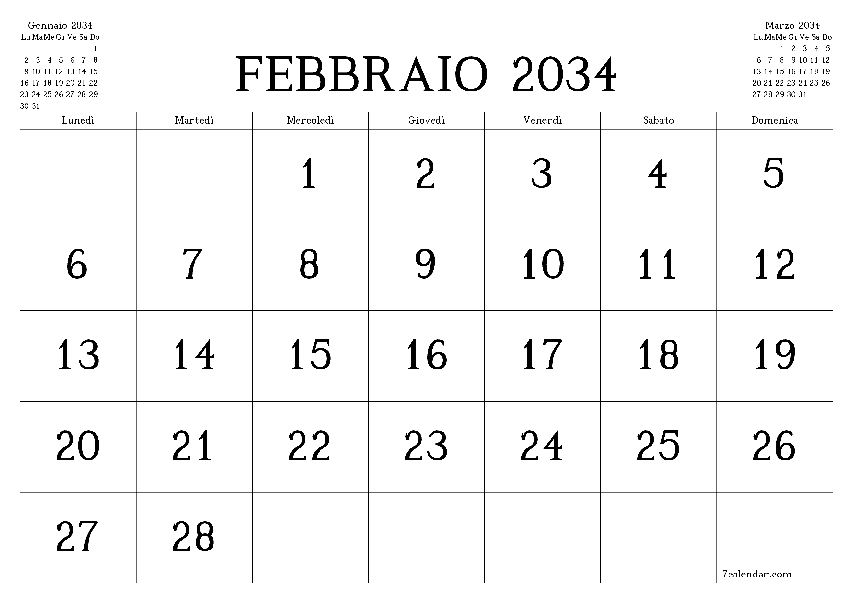 Pianificatore mensile vuoto per il mese Febbraio 2034 con note, salva e stampa in PDF PNG Italian