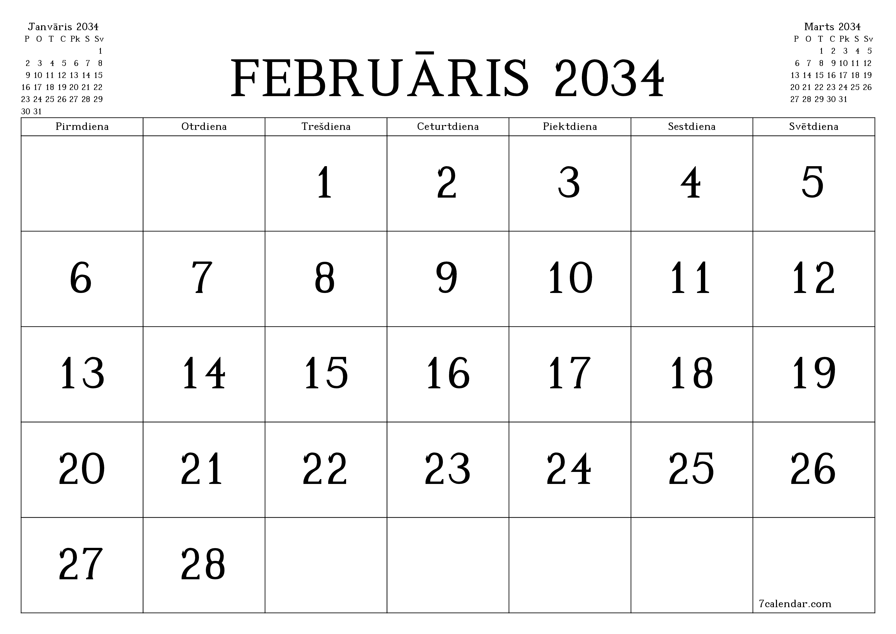 Iztukšot mēneša plānotāju mēnesim Februāris 2034 ar piezīmēm, saglabāt un izdrukāt PDF formātā PNG Latvian